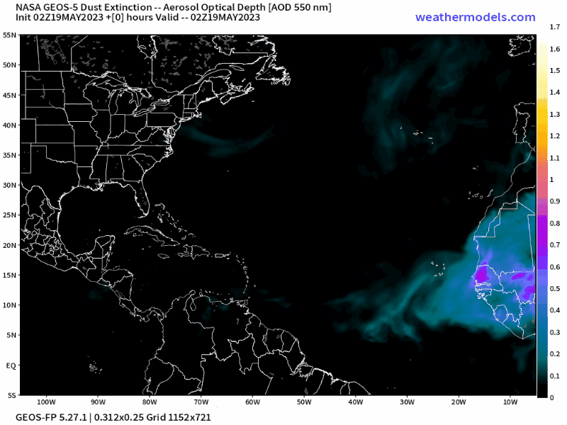00Z Saturday, May 20th 2023, NASA GEOS-5 Dust Extinction Model Monitoring Tropical Atlantic Aerosol Optical Depth showing Saharan Dust.