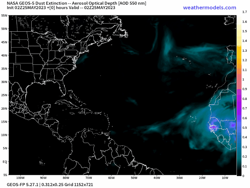 00Z Thursday, May 25th, 2023, NASA GEOS-5 Dust Extinction Model Monitoring Tropical Atlantic Aerosol Optical Depth showing Saharan Dust.