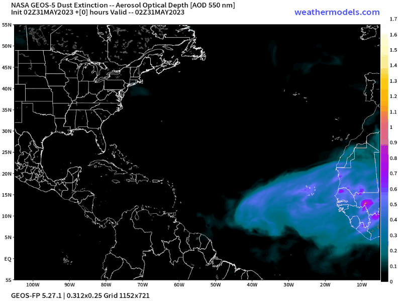 00Z Wednesday, May 31st, 2023, NASA GEOS-5 Dust Extinction Model Monitoring Tropical Atlantic Aerosol Optical Depth showing Saharan Dust.