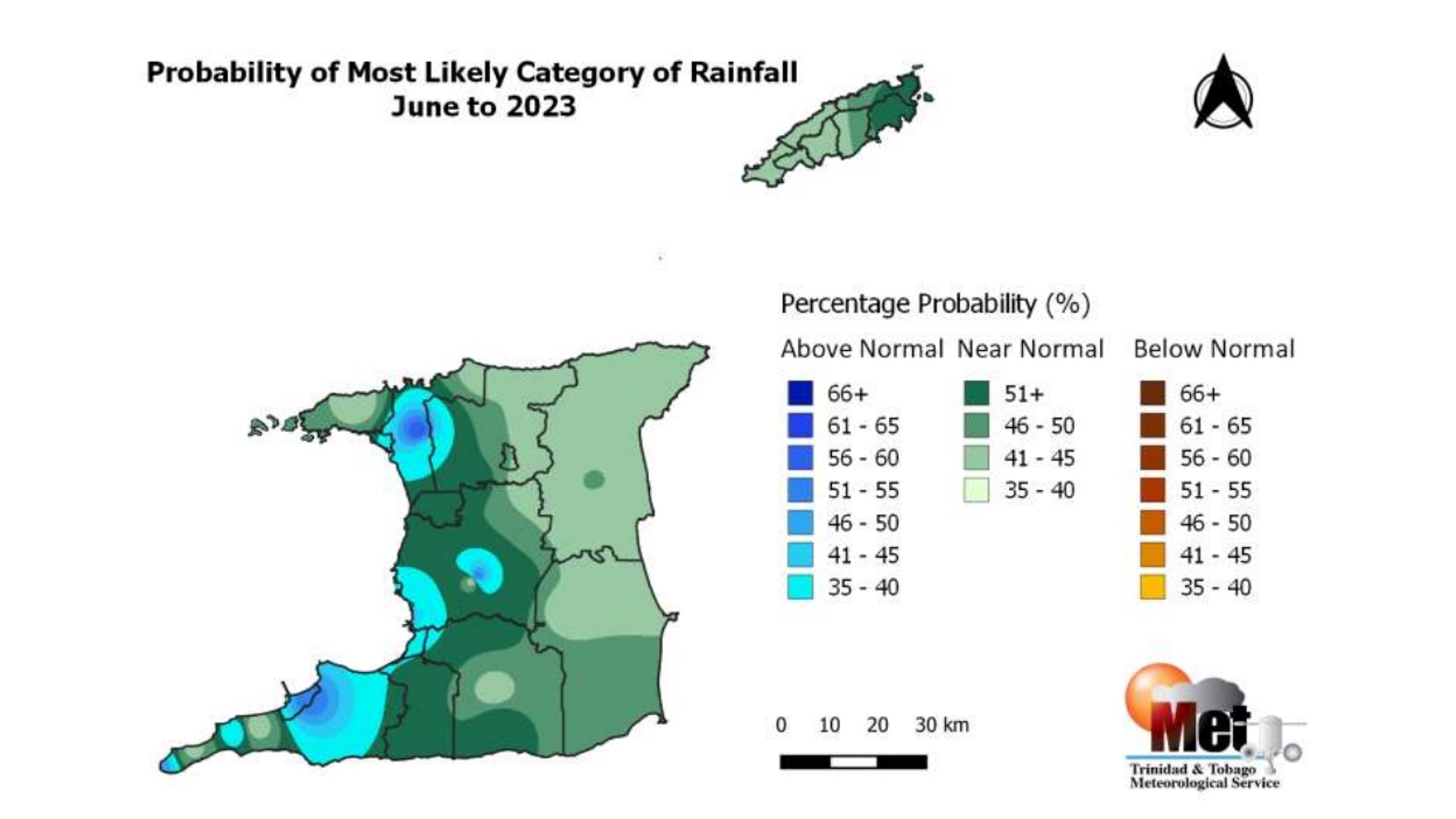The category of rainfall likely for June 2023 with the highest chance of occurrence expressed as probabilities and is color-coded on the map. Blues indicate that it is more likely for above-normal rainfall to occur than for below-normal or near-normal. Browns indicate it is more likely for below-normal rainfall, while greens indicate it is more likely for near-normal rainfall. Normal is defined by the rainfall that was observed in the middle one-third of the June period rainfall totals during the historical period used to produce the outlook. (Trinidad and Tobago Meteorological Service)