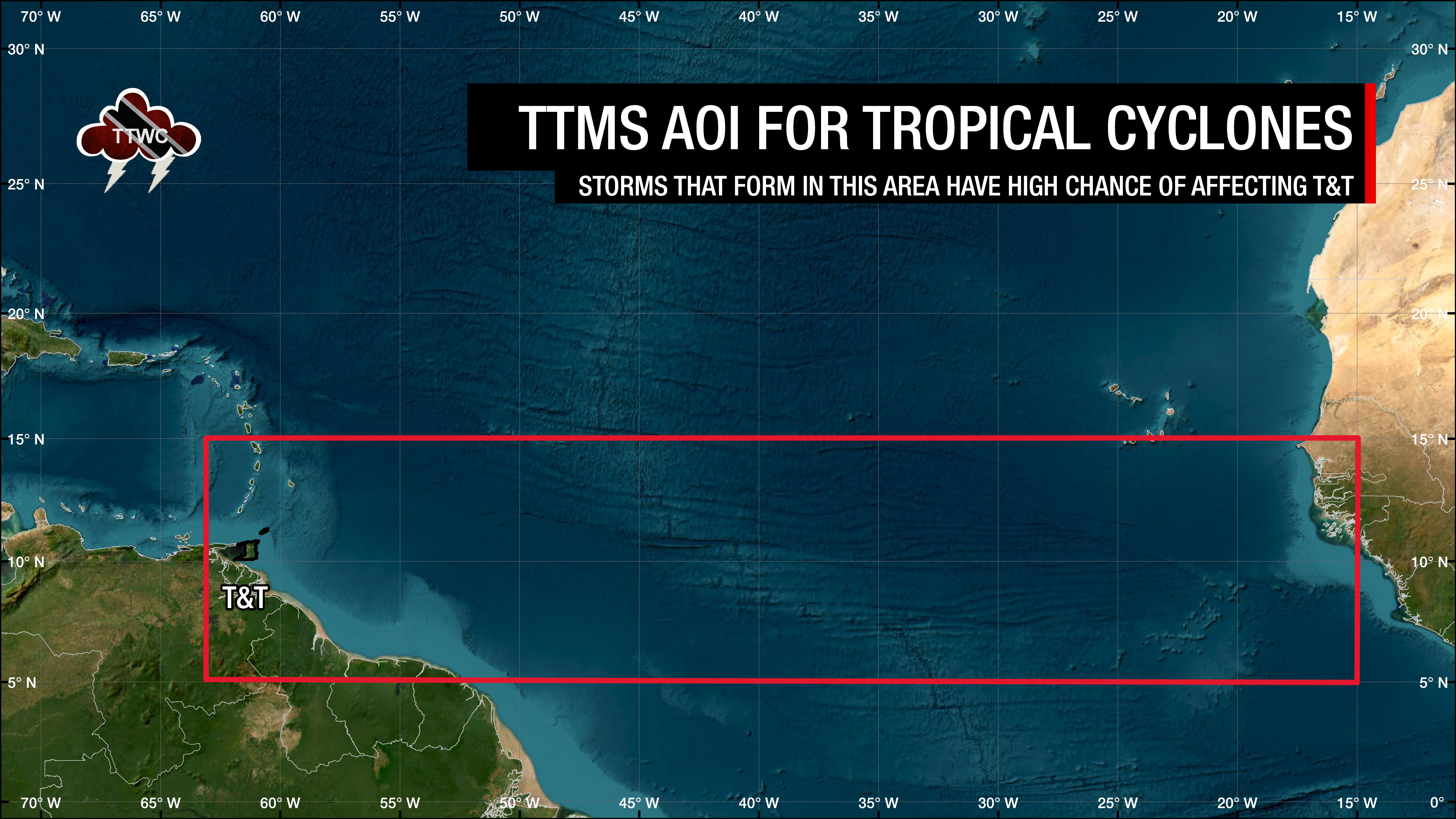 Trinidad and Tobago's area of interest (AOI) for tropical cyclone development. According to the Trinidad and Tobago Meteorological Service, systems that develop within this area, south of 15°N within the Main Development Region of the tropical Atlantic, have a high chance of directly threatening T&T.