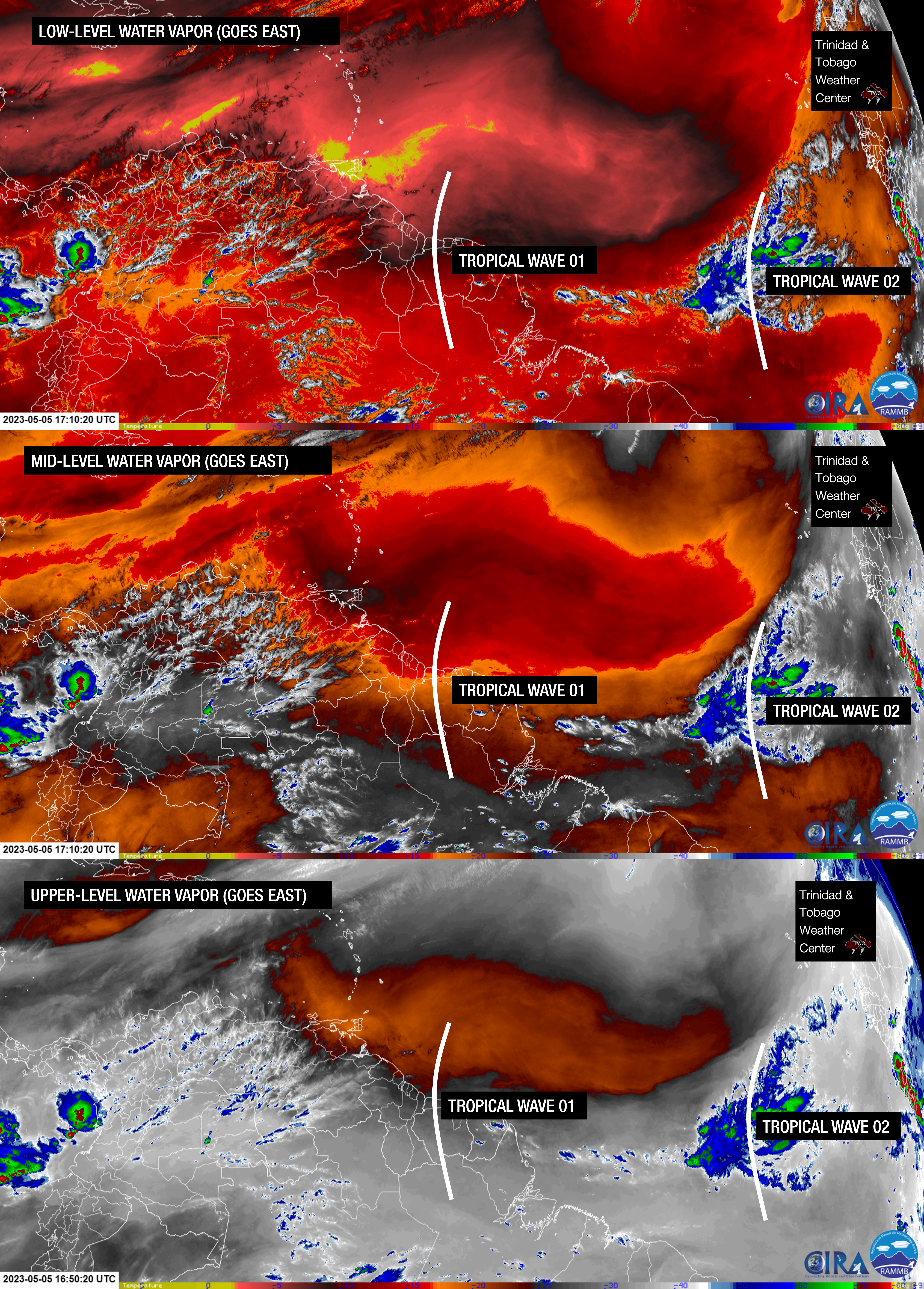 Locations of Tropical Wave 01 and Tropical Wave 02 on Friday, May 5th, 2023, in the Atlantic Ocean, showing mostly dry low-level, mid-level, and upper-level air across Trinidad and Tobago and around the axis of Tropical Wave 01. Moist air exists at all levels near Tropical Wave 02. (CIRA/RAMMB)