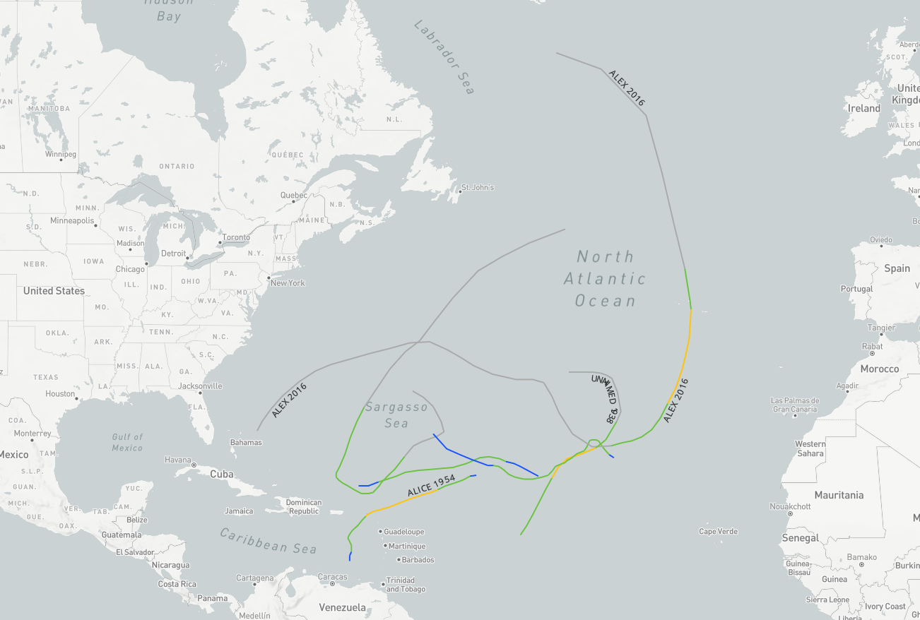 The tracks of six tropical systems that have developed during the month of January are plotted on this map generated May 11, 2023. This does not include the subtropical storm that developed in January 2023.