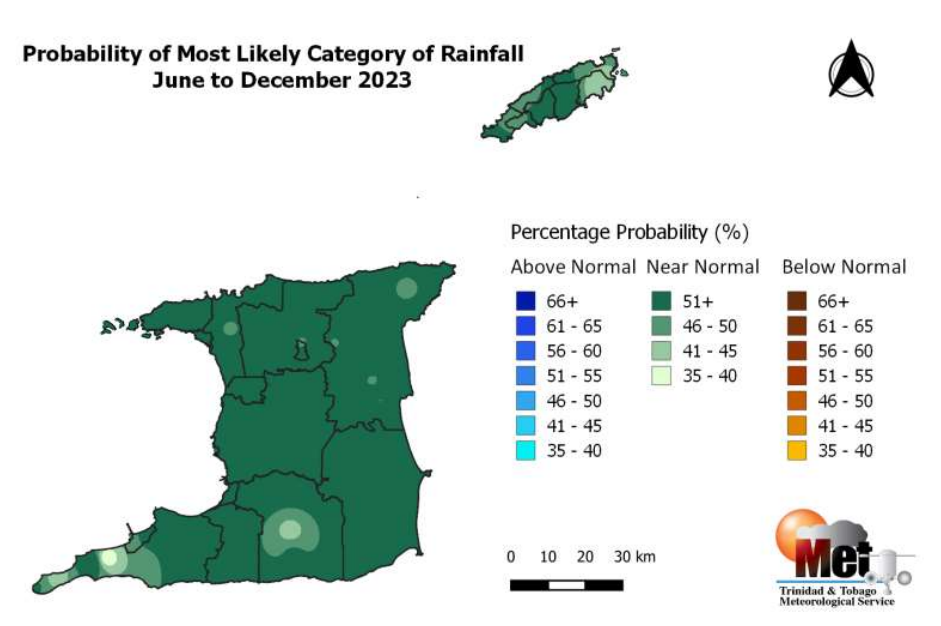 The category of rainfall likely for the 2023 Wet Season with the highest chance of occurrence expressed as probabilities and is color-coded on the map. Blues indicate that it is more likely for above-normal rainfall to occur than for below-normal or near-normal. Browns indicate it is more likely for below-normal rainfall, while greens indicate it is more likely for near-normal rainfall. Normal is defined by the rainfall that was observed in the middle one-third of the June-December period rainfall totals during the historical period used to produce the outlook. (Trinidad and Tobago Meteorological Service)