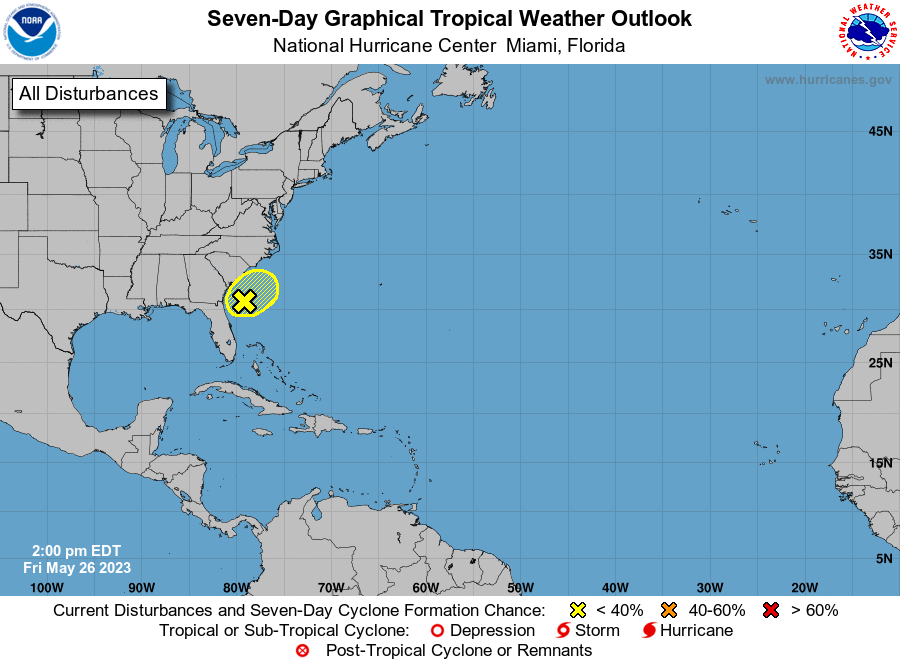 The 2:00 PM Friday, May 26h, 2023 Tropical Weather Outlook from the National Hurricane Center