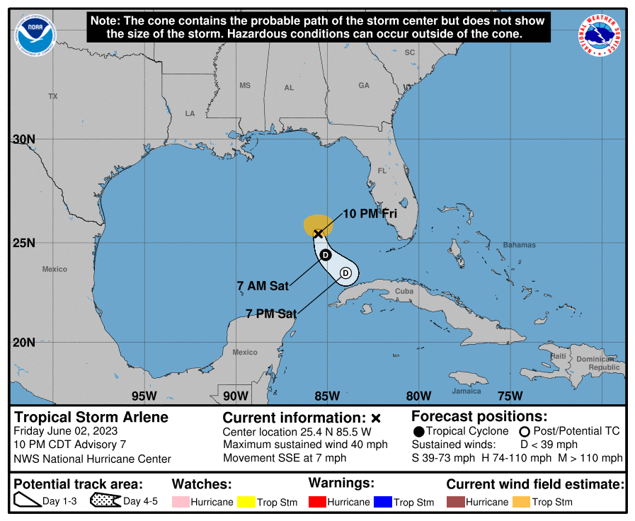The latest forecast cone for Tropical Storm Arlene from the National Hurricane Center