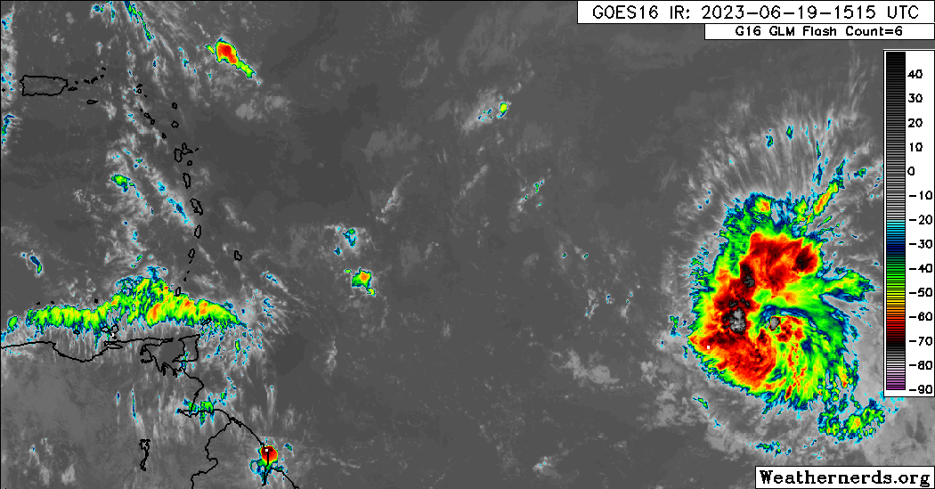 Tropical Storm Bret in the Main Development Region of the Tropical Atlantic Ocean on Monday, June 19th, 2023 (Weathernerds.org)