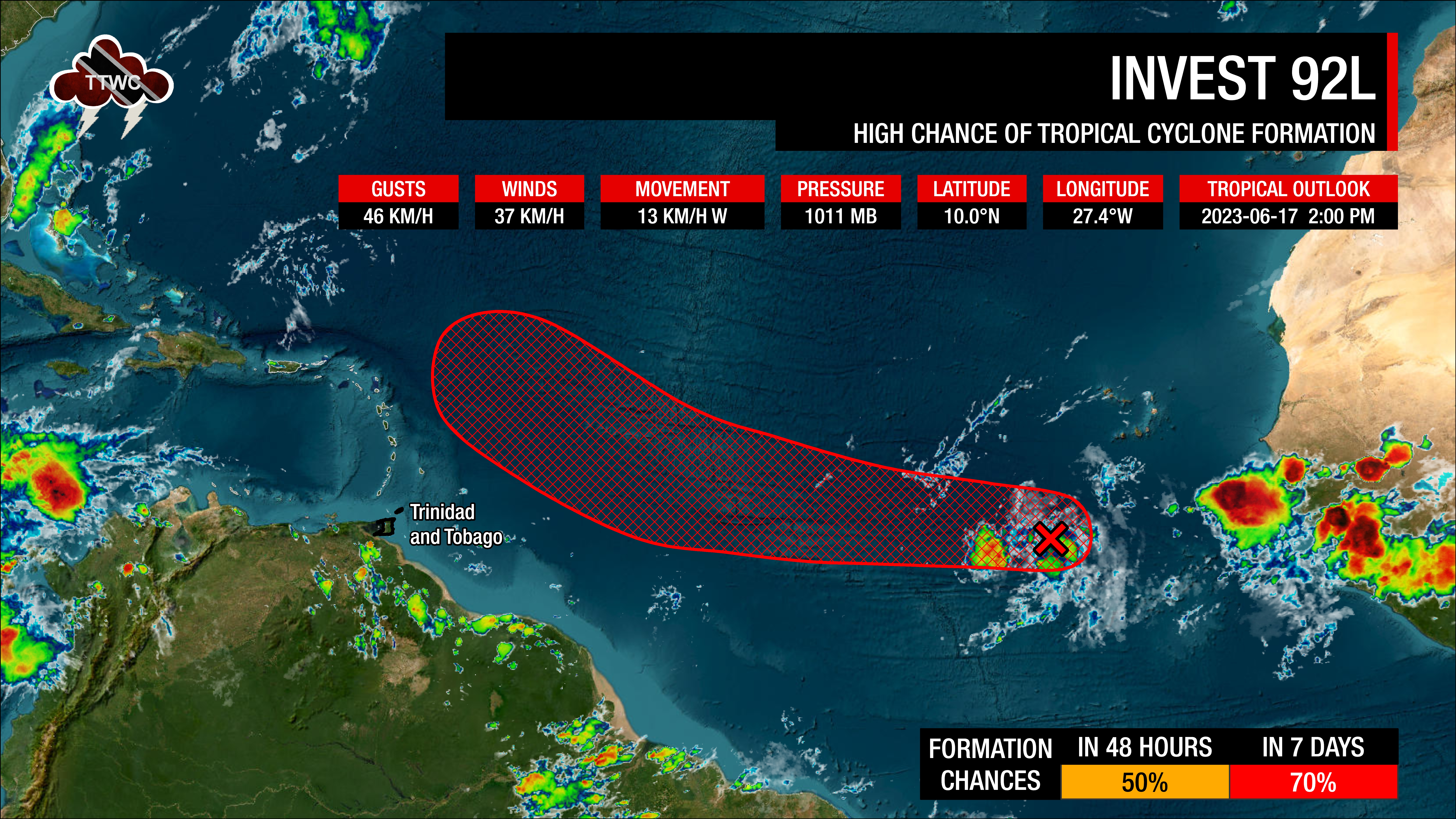 Tropical Weather Outlook from the National Hurricane Center for Invest 92L as of 2:00 PM Saturday, June 17th, 2023