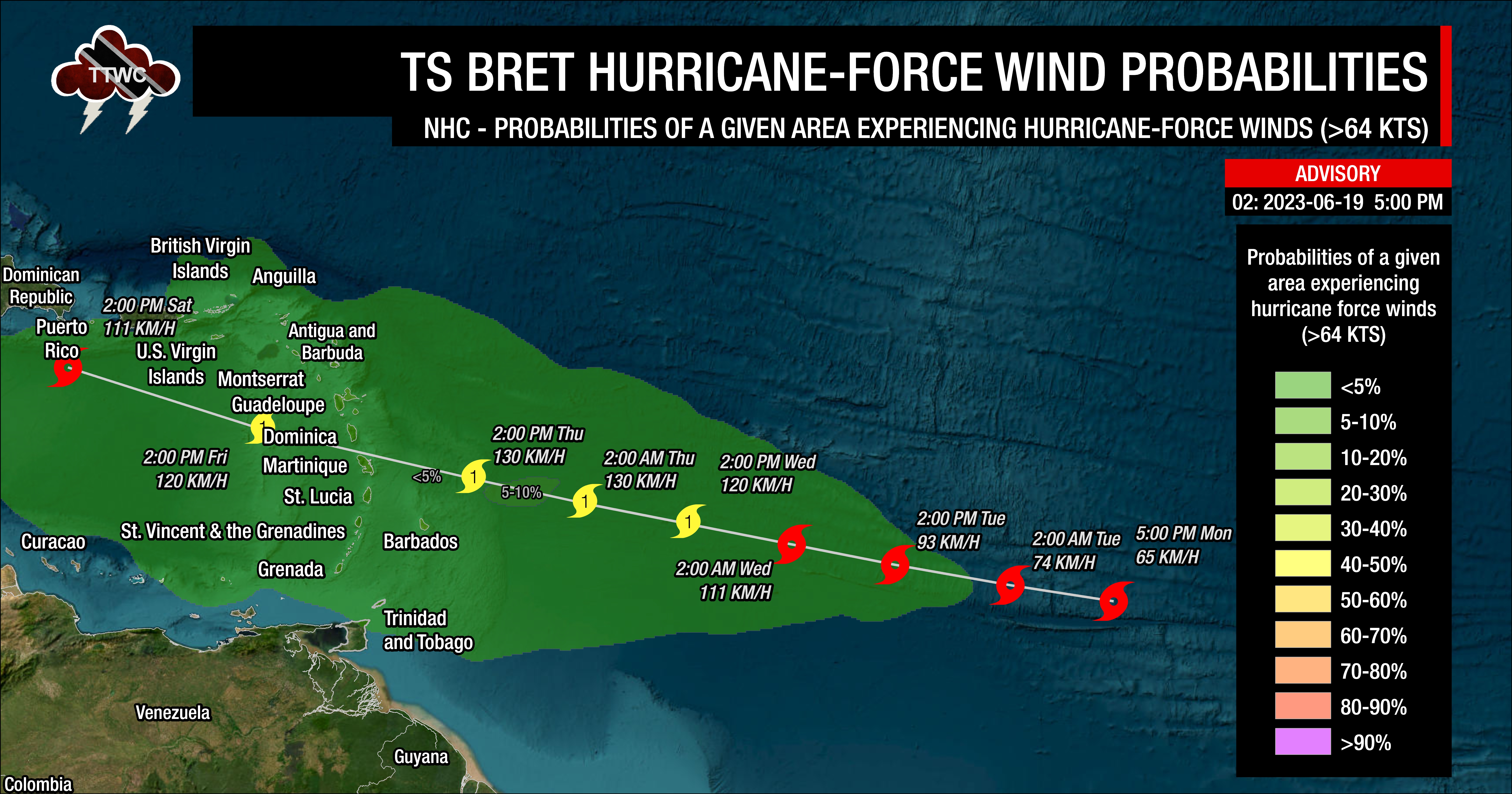 Forecast probabilities of the region experiencing hurricane-force winds according to the National Hurricane Center, as of 5:00 PM Monday, June 19th, 2023, associated with Tropical Storm Bret (Data: National Hurricane Center)