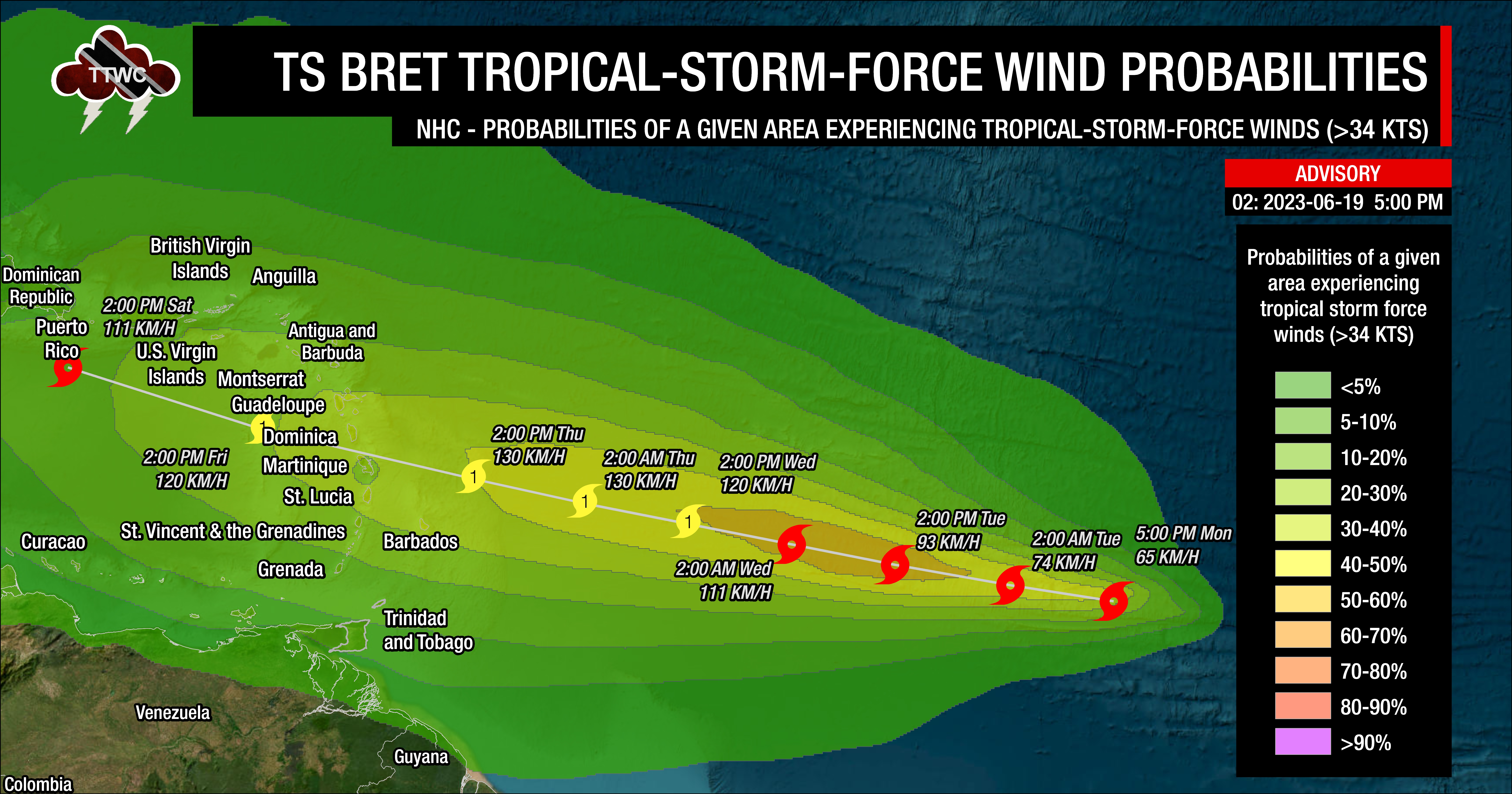 Forecast probabilities of the region experiencing tropical-storm-force winds according to the National Hurricane Center, as of 5:00 PM Monday, June 19th, 2023, associated with Tropical Storm Bret (Data: National Hurricane Center)
Forecast probabilities of the region experiencing tropical-storm-force winds according to the National Hurricane Center, as of 5:00 PM Tuesday, June 20th, 2023, associated with Tropical Storm Bret (Data: National Hurricane Center)