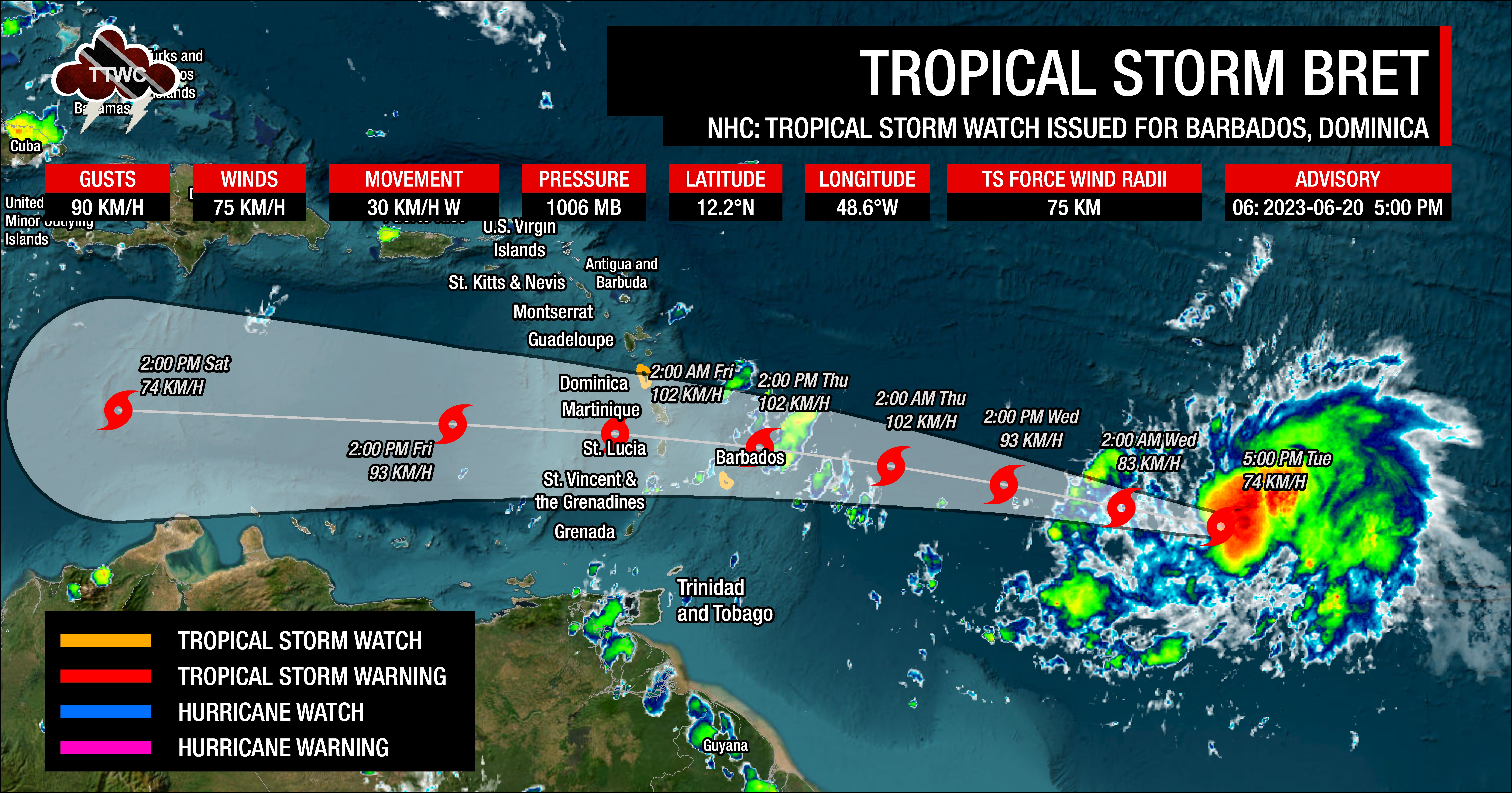 Forecast cone for Tropical Storm Bret as of 5:00 PM Tuesday, June 20th, 2023. While the forecast cone is meant to capture where the center of circulation is forecast to track 66% of the time, impacts can extend well beyond this cone. (National Hurricane Center)