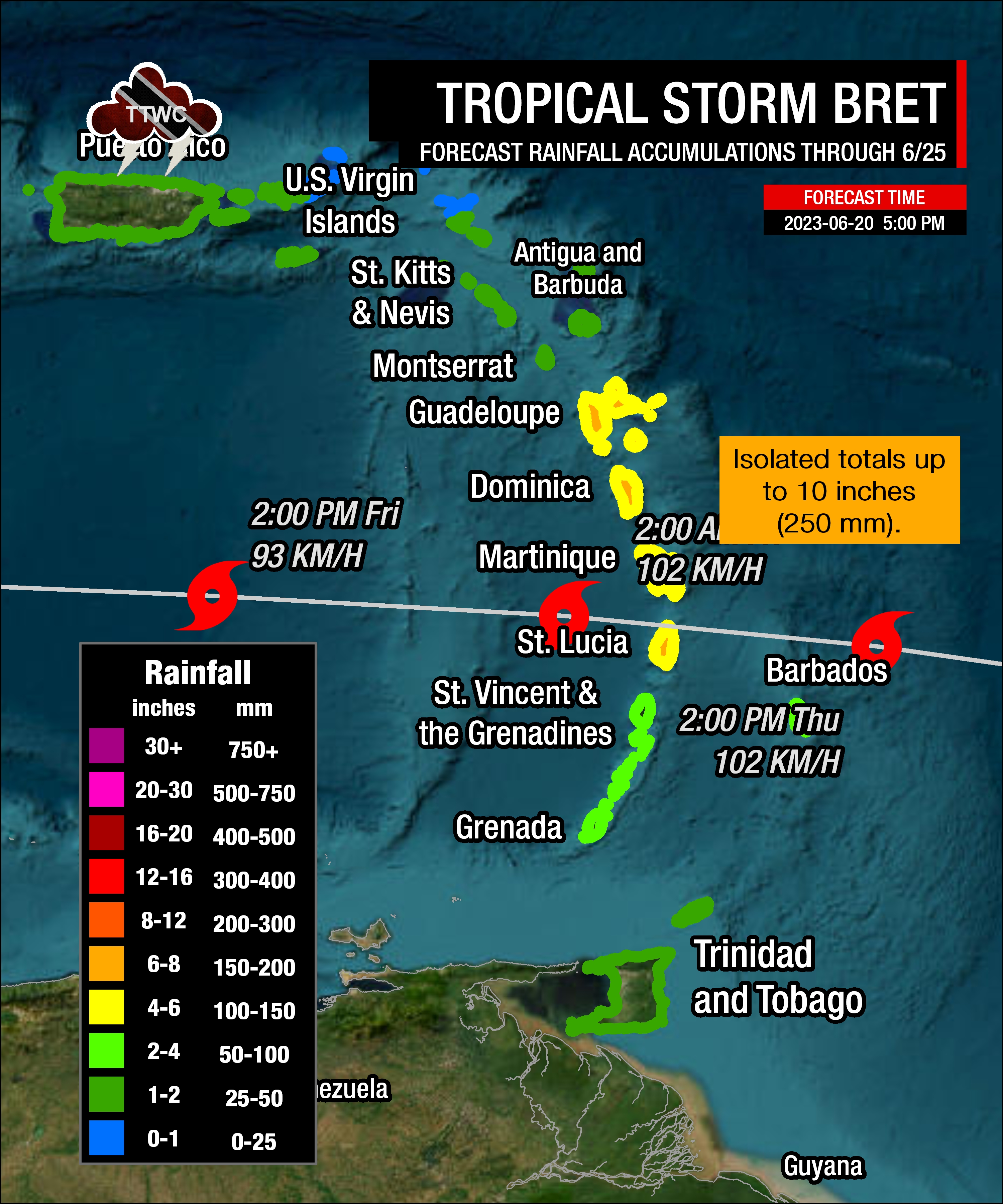 Overall rainfall accumulations from the passage of Tropical Storm Bret as of 5:00 PM Tuesday, June 20th, 2023
