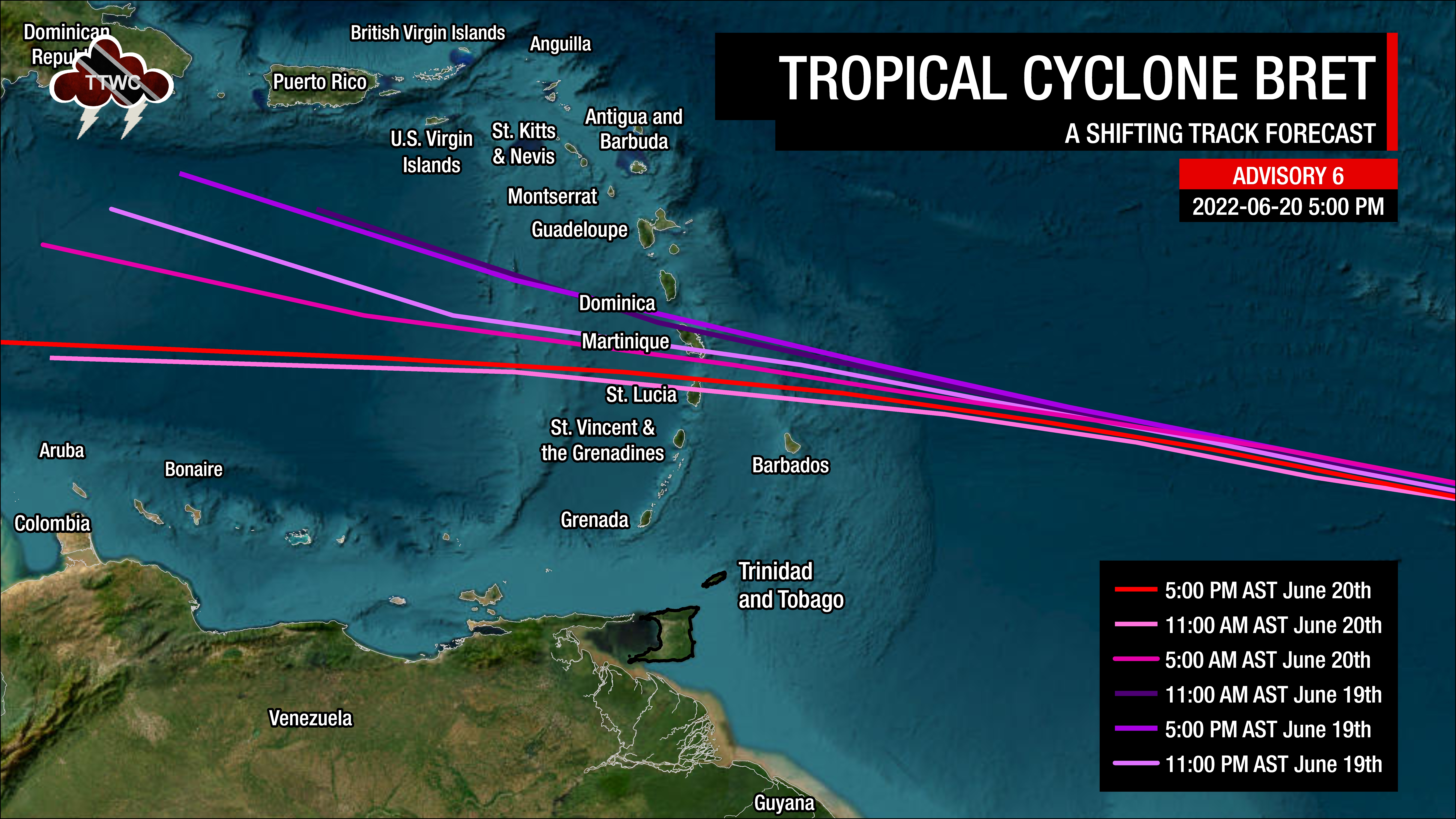 National Hurricane Center tracks for Tropical Storm Bret since advisories began on the system on June 19th, 2023