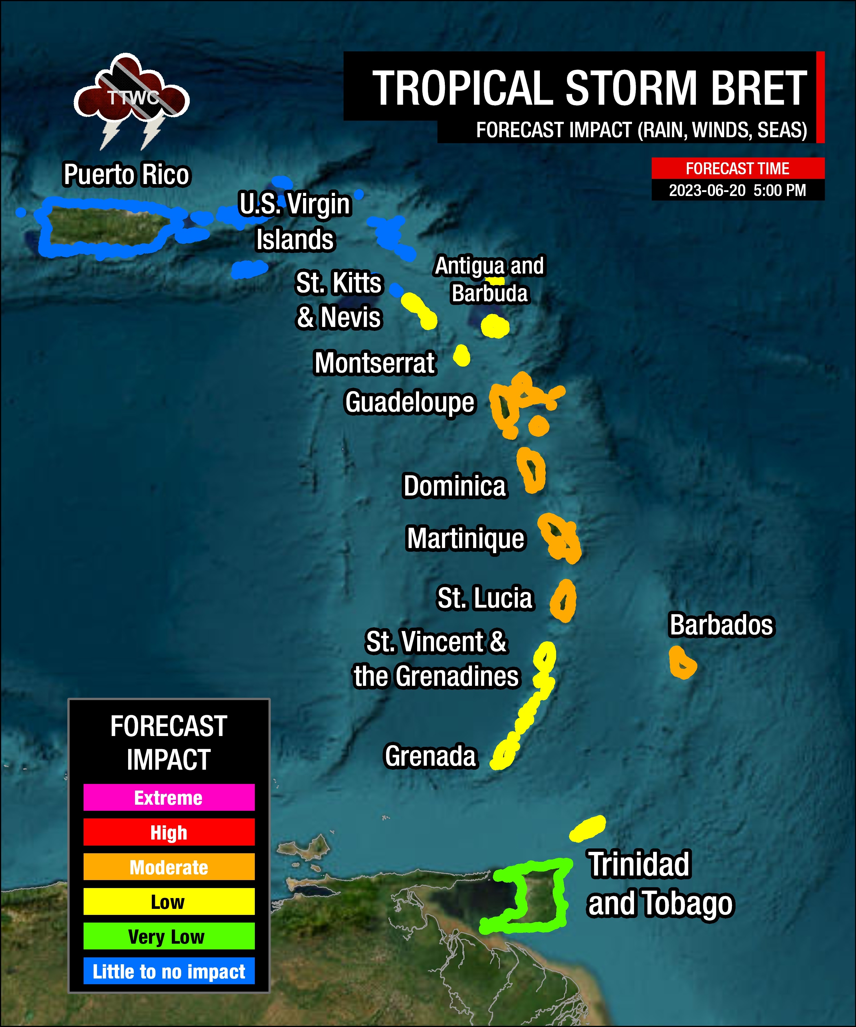 Overall forecast impact level from the passage of Tropical Storm Bret
