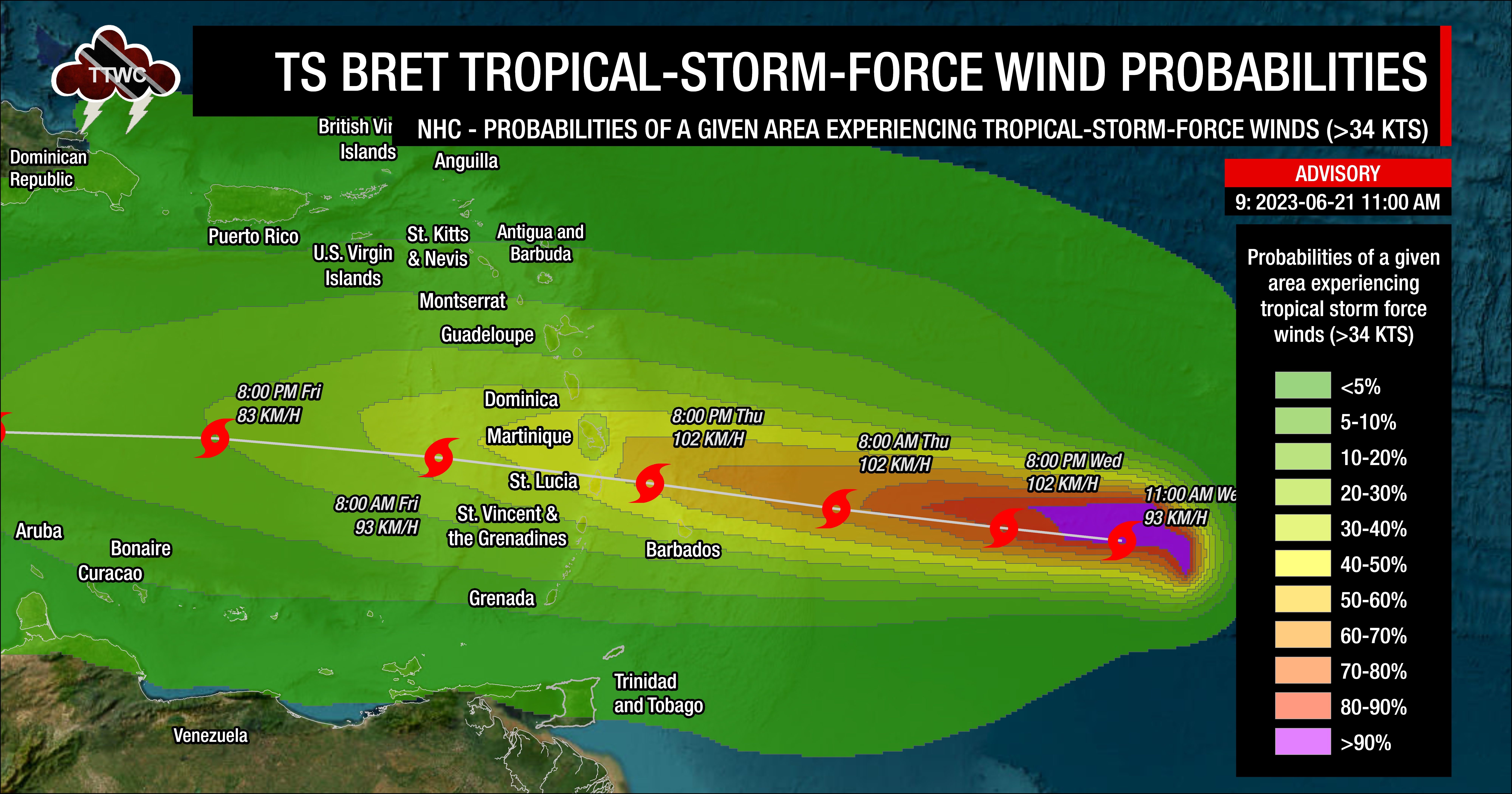 Forecast probabilities of the region experiencing tropical-storm-force winds according to the National Hurricane Center, as of 11:00 AM Wednesday, June 21st, 2023, associated with Tropical Storm Bret (Data: National Hurricane Center)