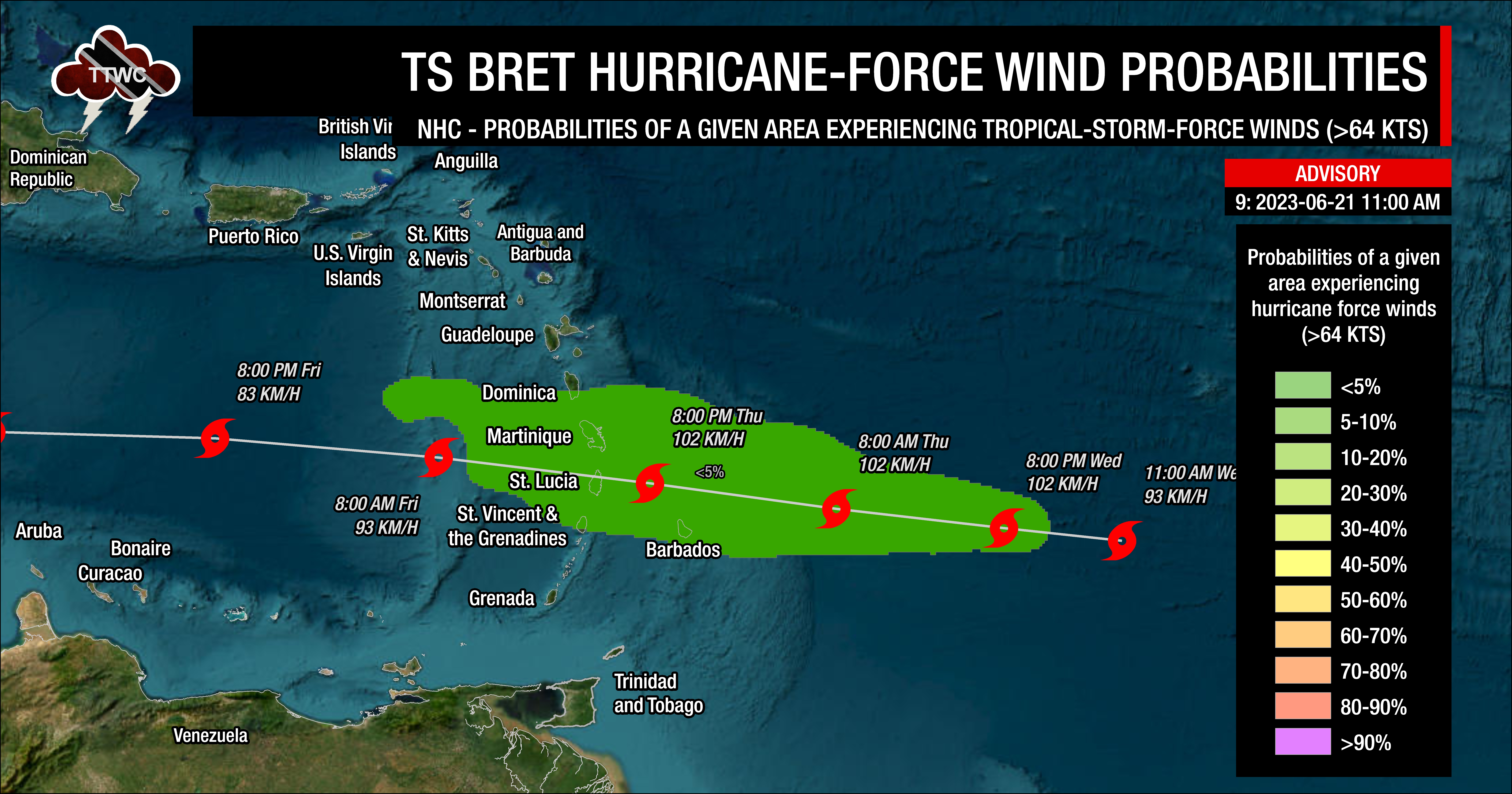 Forecast probabilities of the region experiencing hurricane-force winds according to the National Hurricane Center, as of 11:00 AM Wednesday, June 21st, 2023, associated with Tropical Storm Bret (Data: National Hurricane Center)