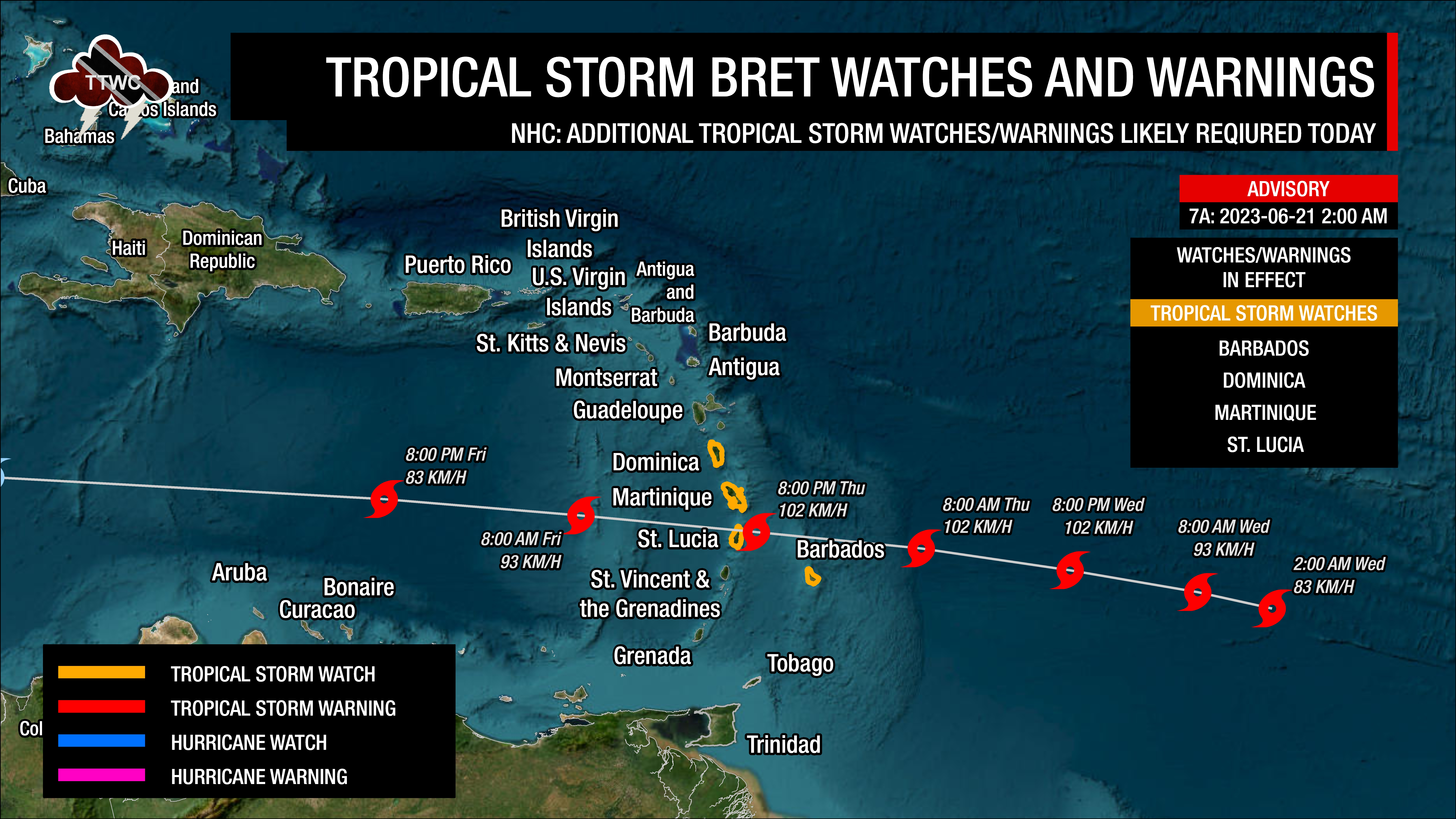 Current tropical storm watches and warnings for Tropical Storm Bret as of 2:00 AM Wednesday, June 21st, 2023.