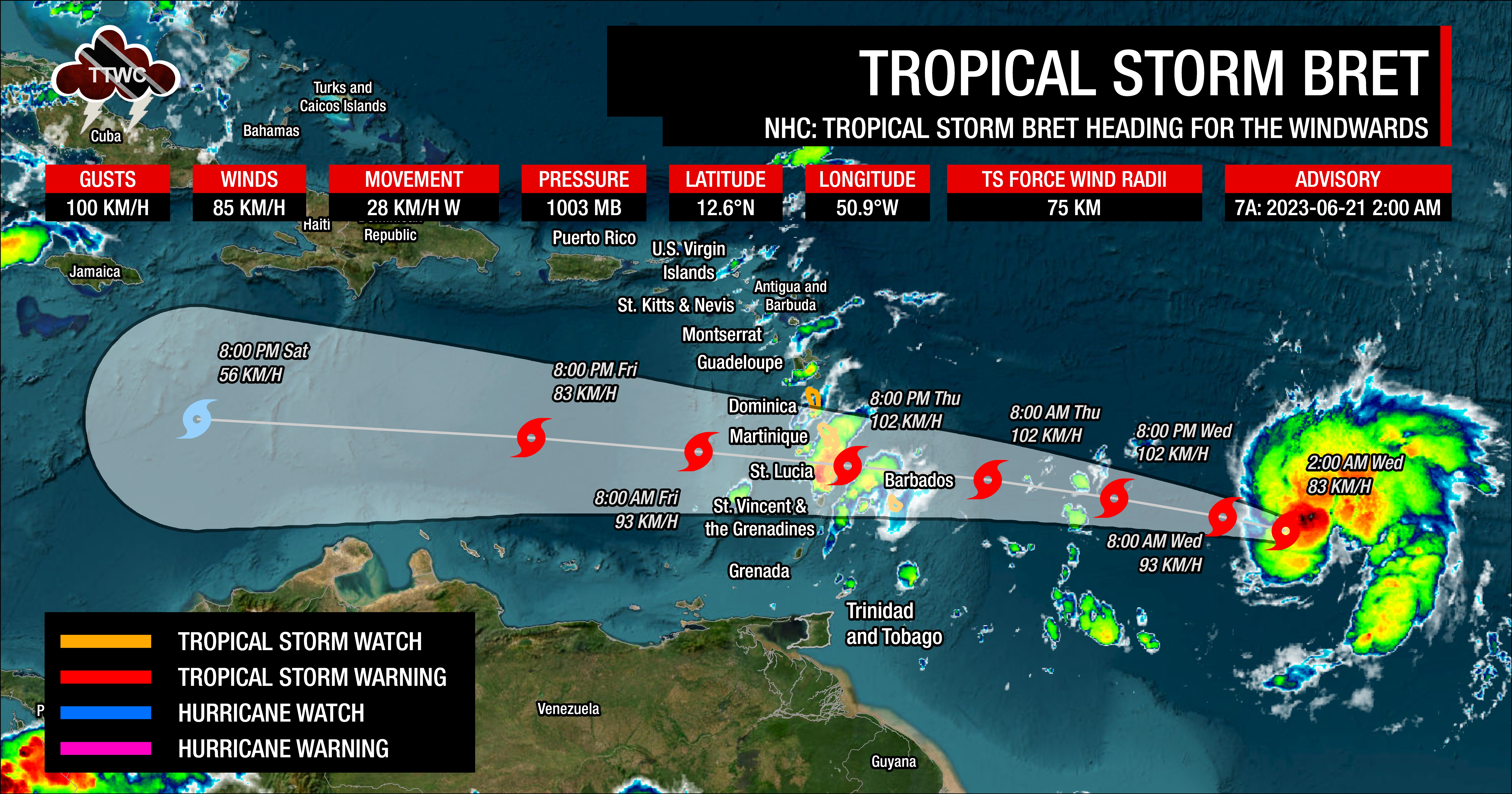 Forecast cone for Tropical Storm Bret as of 2:00 AM Wednesday, June 21st, 2023. While the forecast cone is meant to capture where the center of circulation is forecast to track 66% of the time, impacts can extend well beyond this cone. (National Hurricane Center)