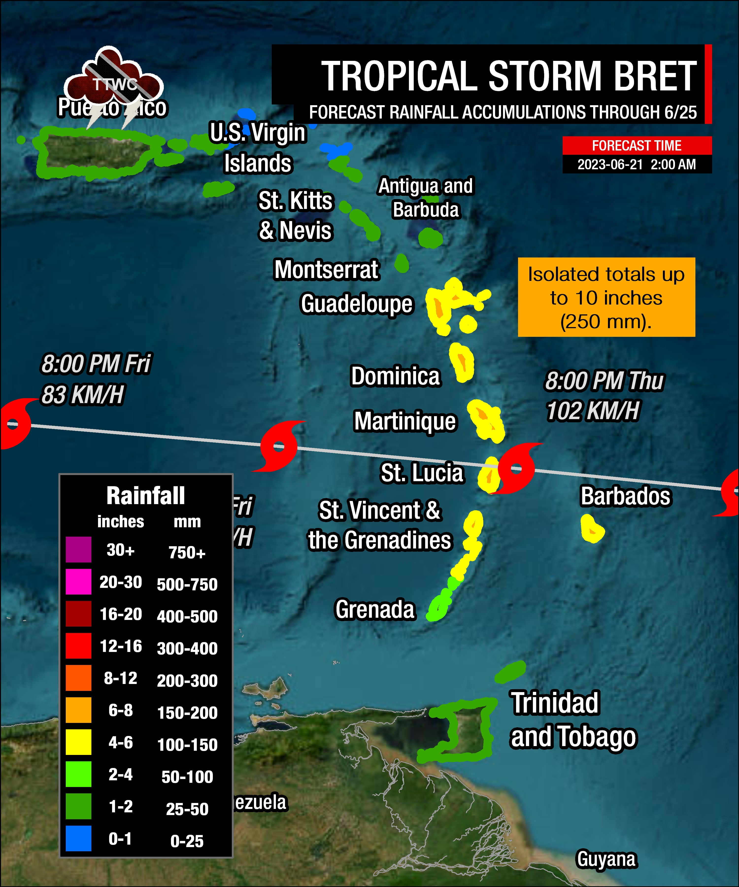 Overall rainfall accumulations from the passage of Tropical Storm Bret as of 2:00 AM Wednesday, June 21st, 2023
