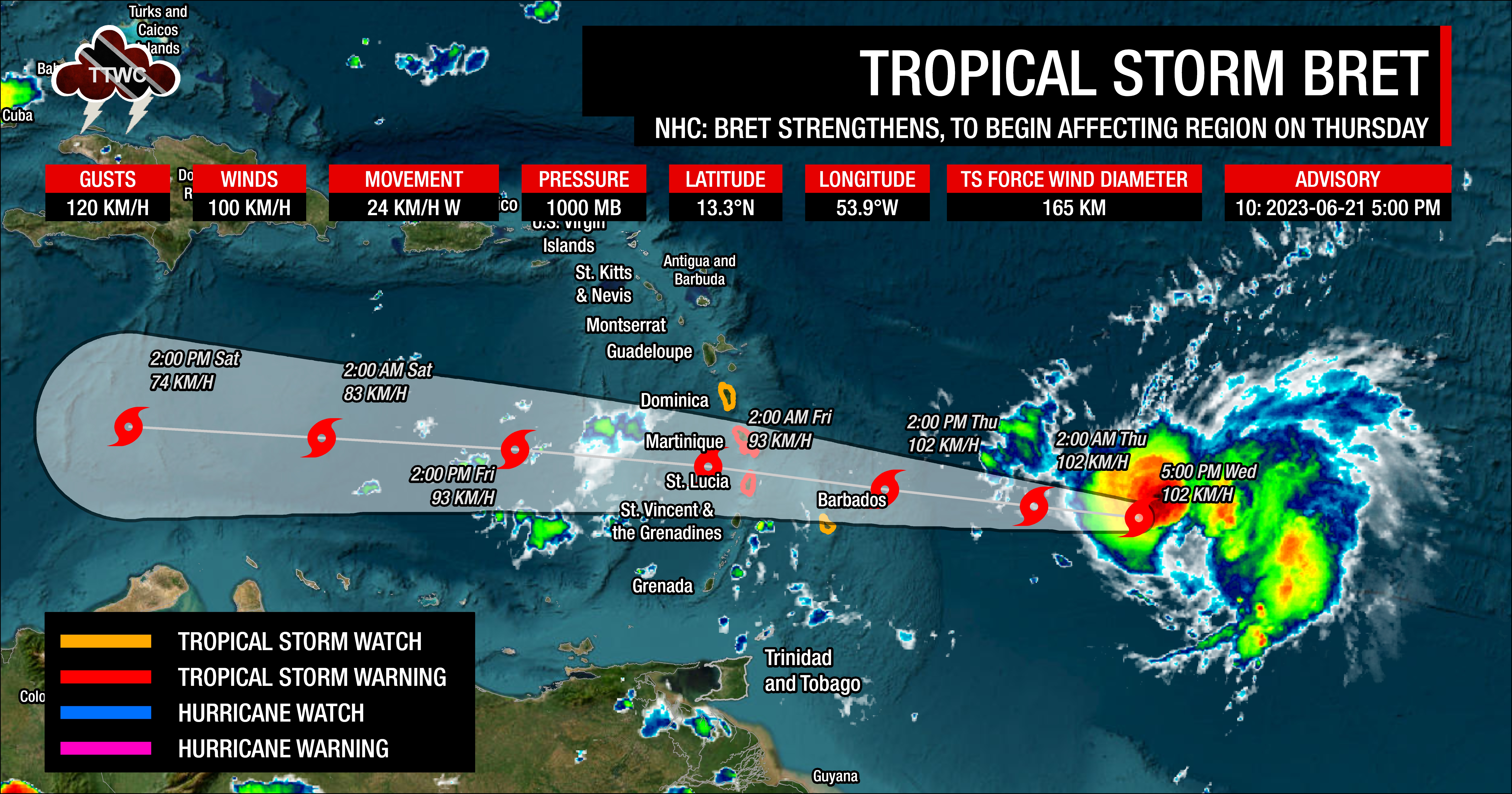 Forecast cone for Tropical Storm Bret as of 5:00 PM Wednesday, June 21st, 2023. While the forecast cone is meant to capture where the center of circulation is forecast to track 66% of the time, impacts can extend well beyond this cone. (National Hurricane Center)