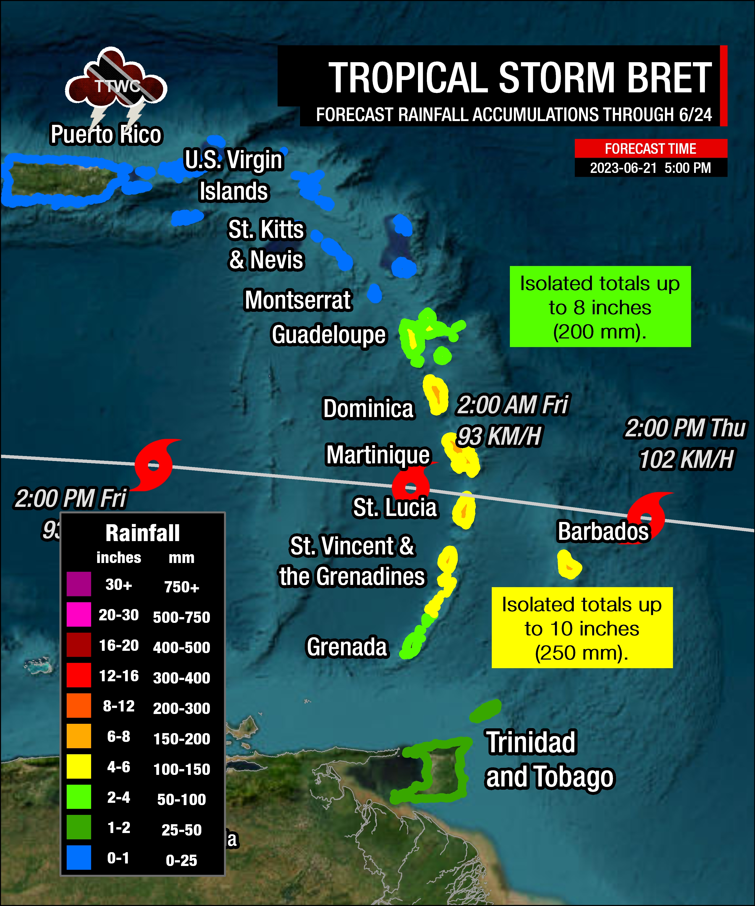 Overall rainfall accumulations from the passage of Tropical Storm Bret as of 5:00 PM Wednesday, June 21st, 2023