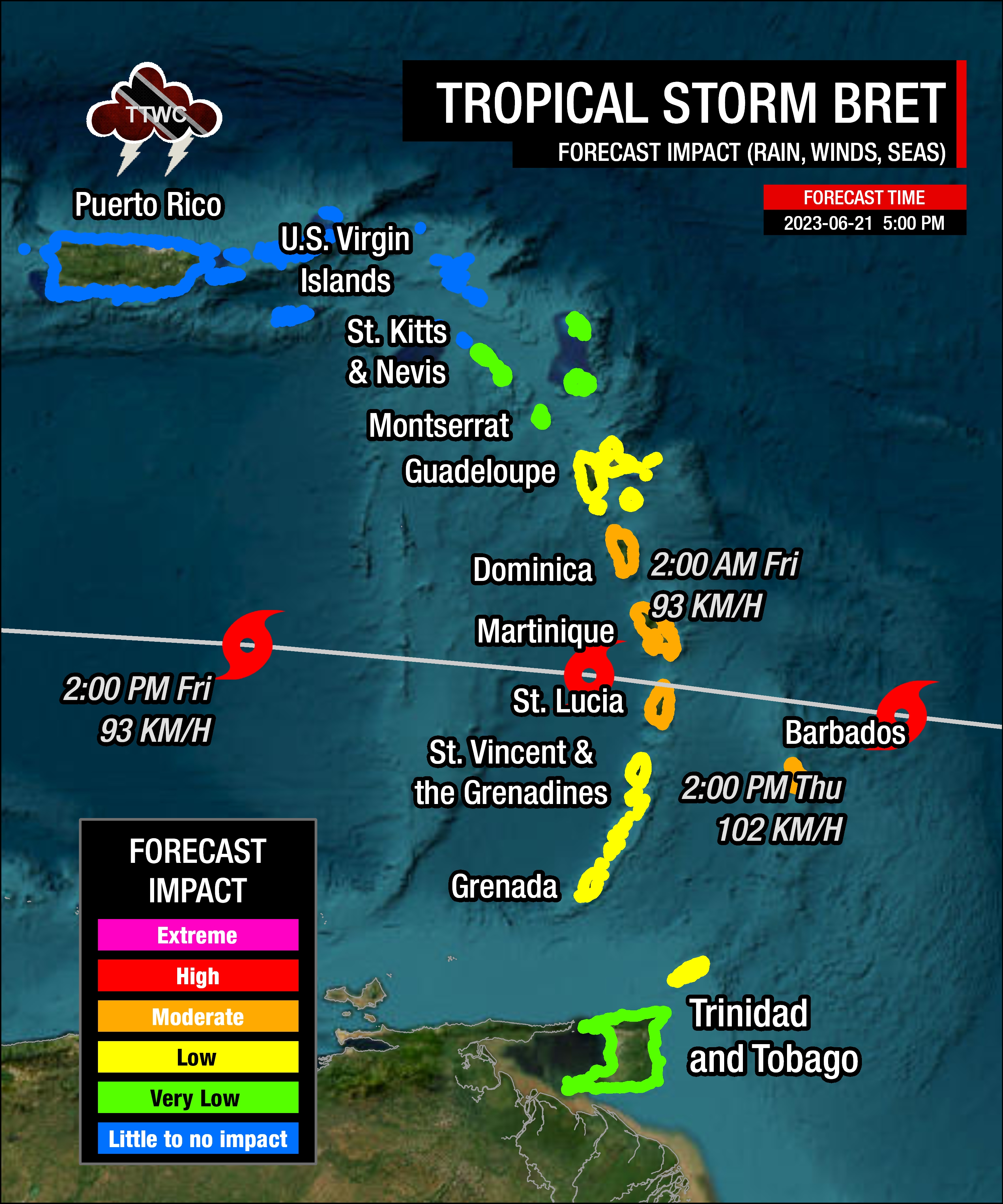 Overall forecast impact level from the passage of Tropical Storm Bret as of 5:00 PM Wednesday, June 21st, 2023