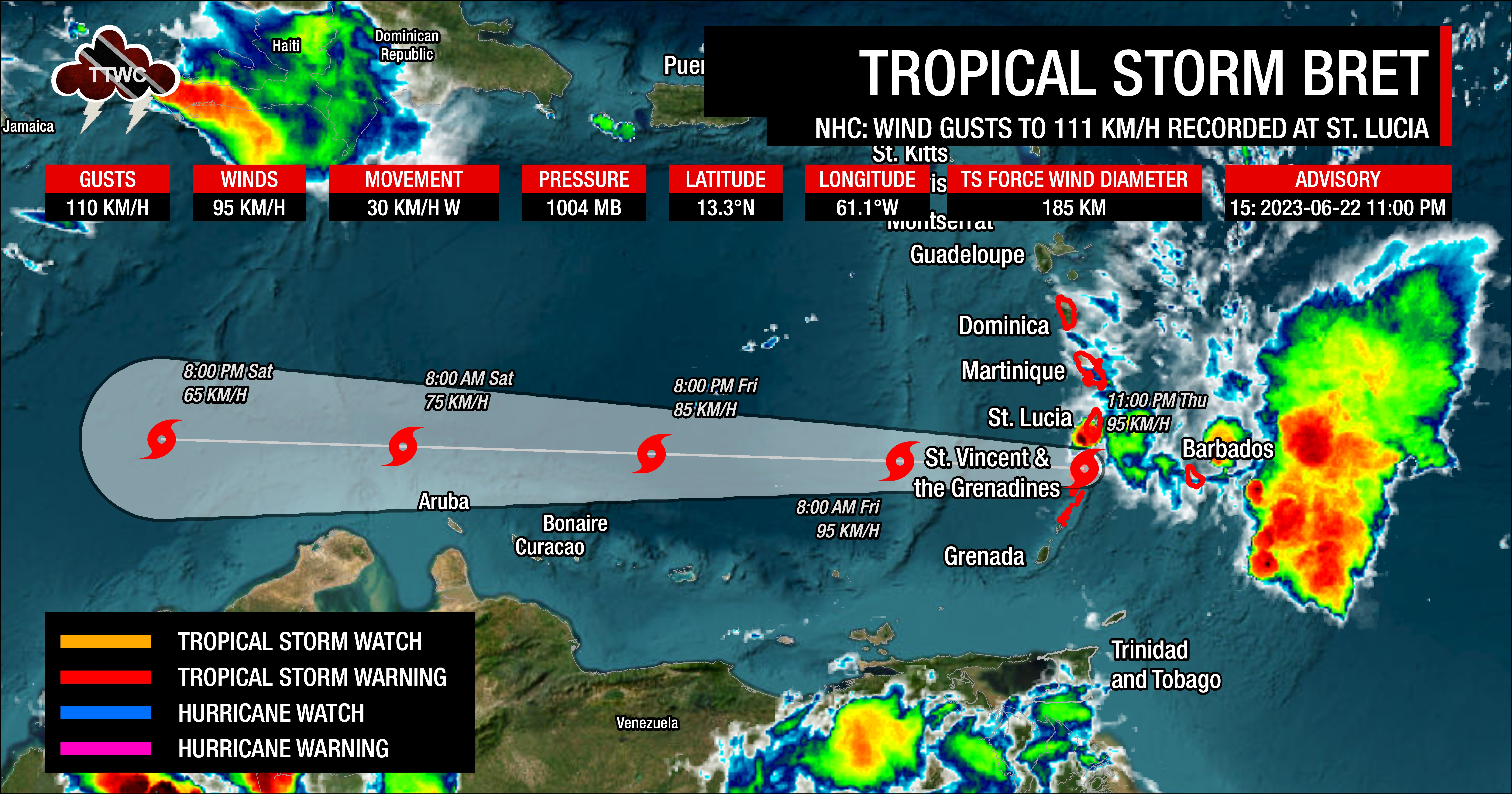 Forecast cone for Tropical Storm Bret as of 11:00 PM Thursday, June 22nd, 2023. While the forecast cone is meant to capture where the center of circulation is forecast to track 66% of the time, impacts can extend well beyond this cone. (National Hurricane Center)