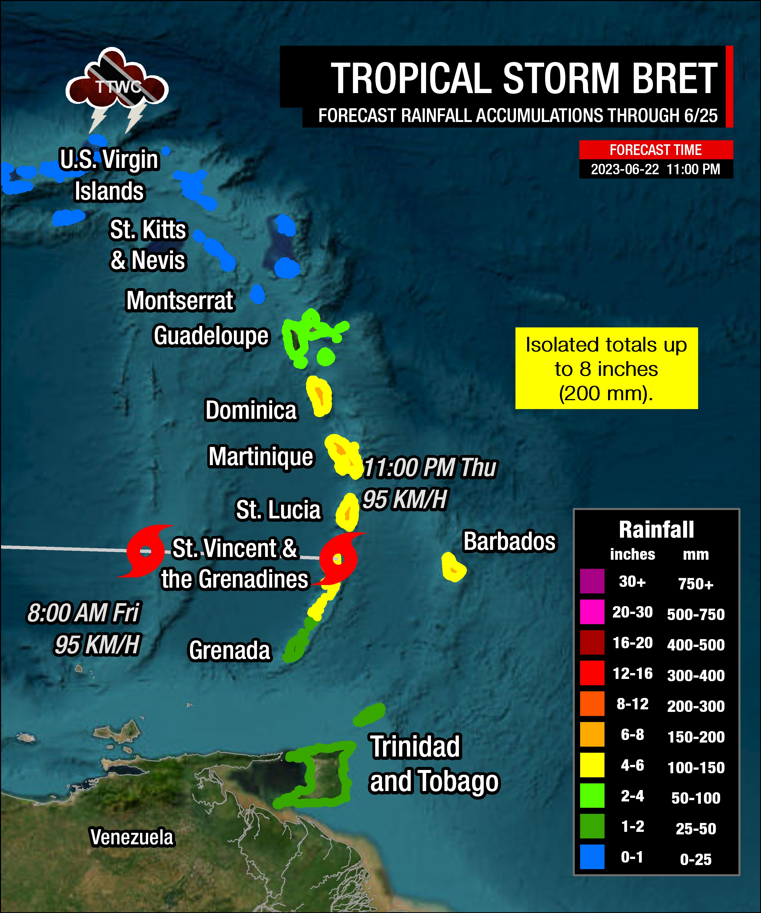 Overall rainfall accumulations from the passage of Tropical Storm Bret as of 11:00 PM Thursday, June 22nd, 2023