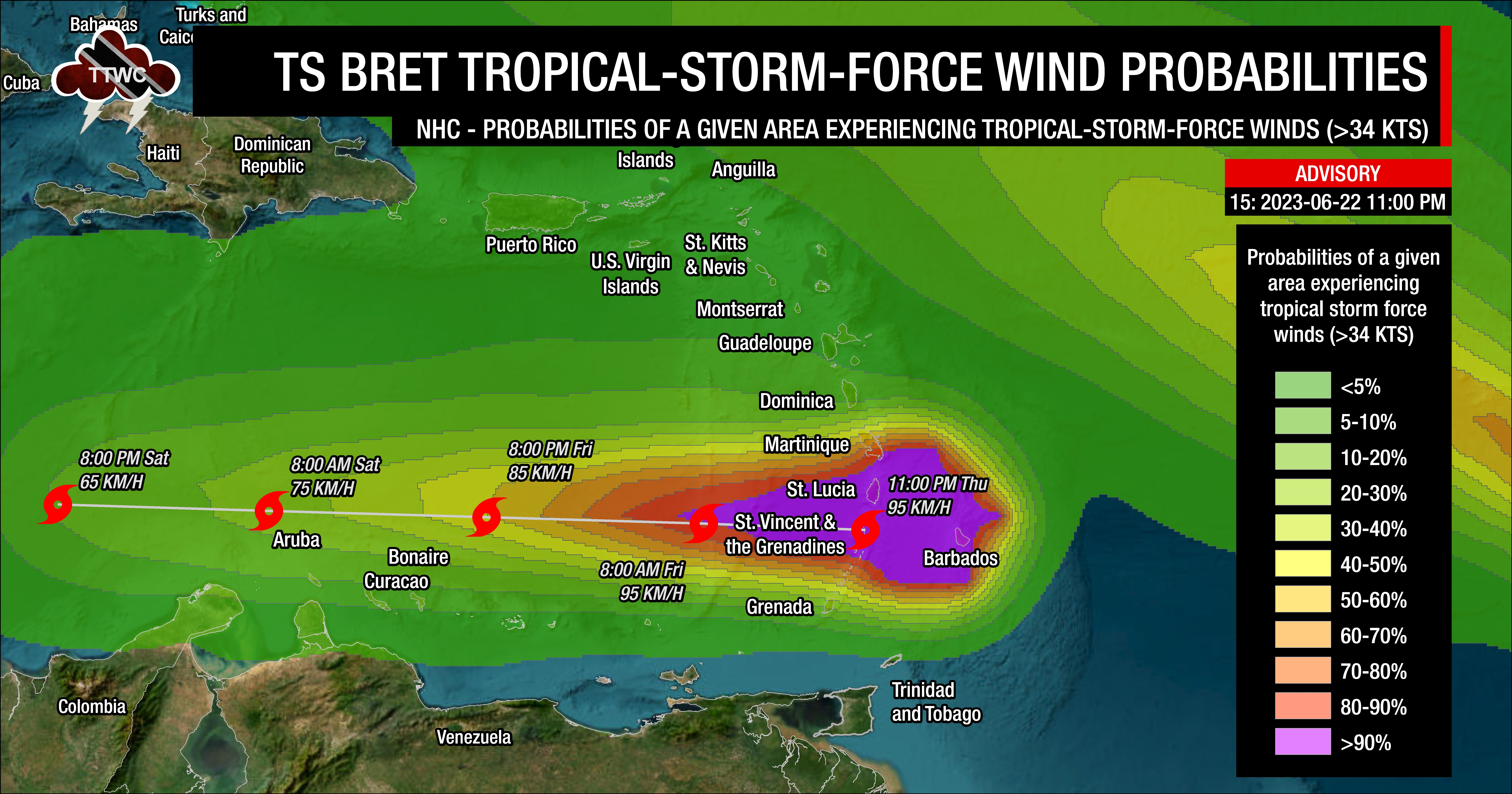 Forecast probabilities of the region experiencing tropical-storm-force winds according to the National Hurricane Center, as of 11:00 PM Thursday, June 22nd, 2023, associated with Tropical Storm Bret (Data: National Hurricane Center)
