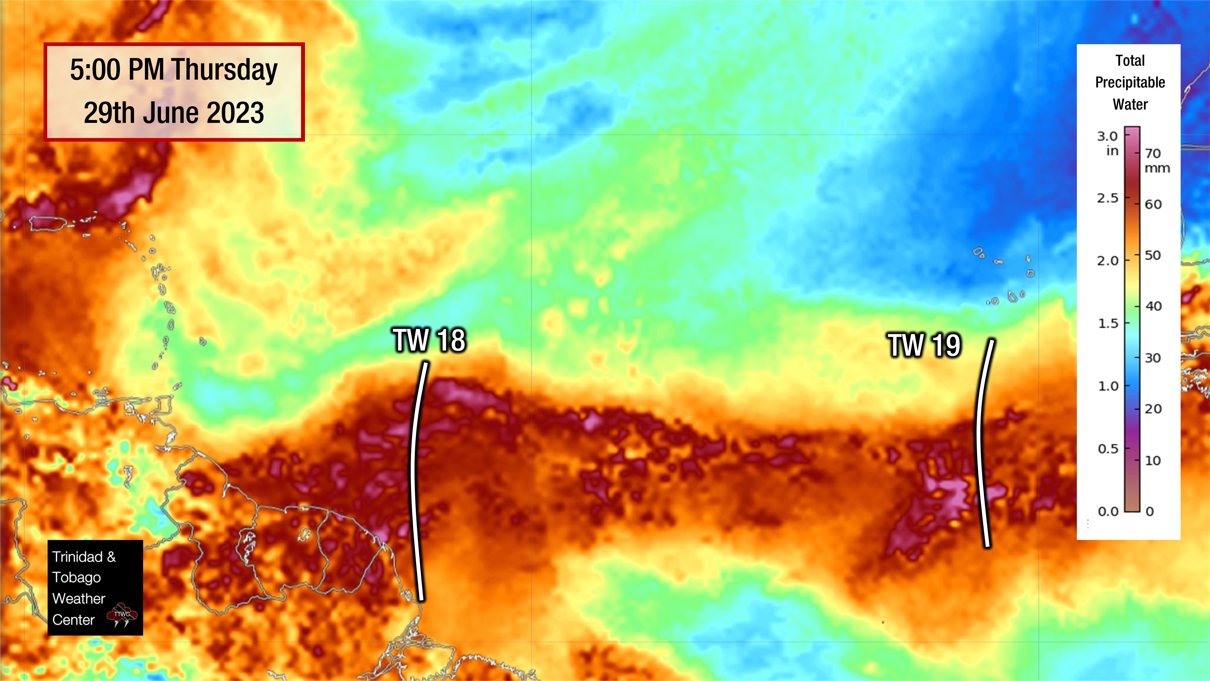 Locations of Tropical Wave 18 and Tropical Wave 19 on Thursday, June 29th, 2023, in the Atlantic Ocean and their associated pulses in total precipitable water, a measure of atmospheric moisture. (CIMSS/SSEC/UWM)