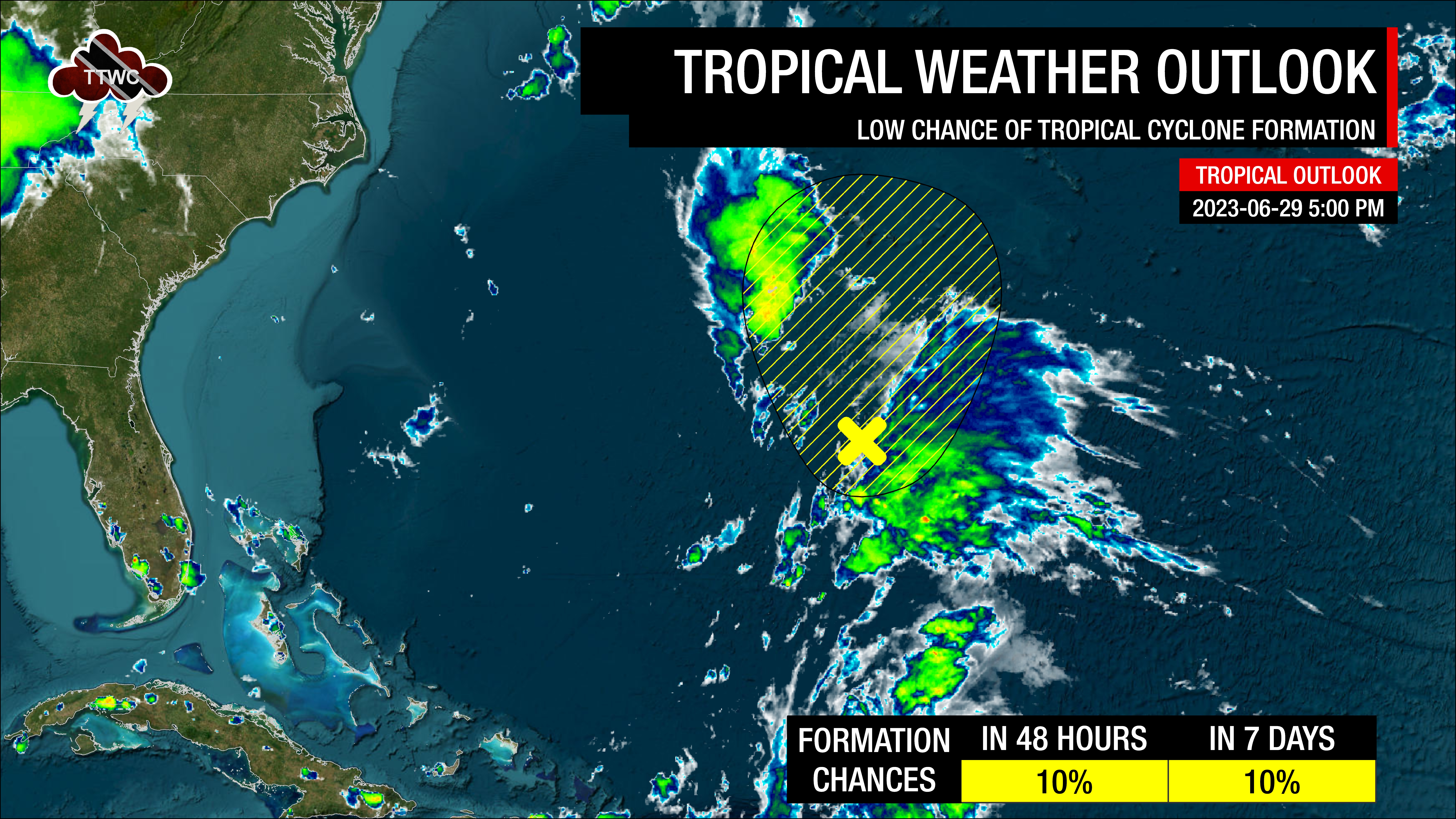 Area of interest in the North Atlantic Ocean, with the National Hurricane Center giving the surface trough a low chance of tropical cyclone formation over the next 48 hours and seven days respectively.