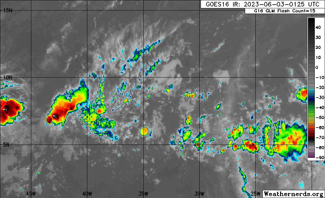 The axis of Tropical Wave 09 along 37W on Saturday, June 3rd, 2023, with scattered weak to moderate convection, both ahead and following the wave axis. (Weathernerds.org)