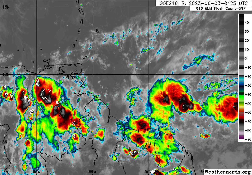 The axis of Tropical Wave 07 along 55W on Saturday, June 3rd, 2023, with scattered moderate to isolated strong convection between 7N and 10N, between 55W and 45W, east of Trinidad and Tobago. (Weathernerds.org)