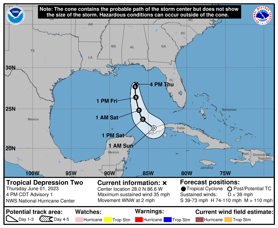 5:00 PM AST Forecast Cone for Tropical Depression Two (National Hurricane Center)