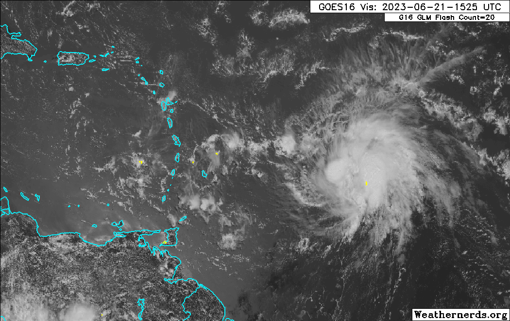Tropical Storm Bret east of the Lesser Antilles on Wednesday, June 21st, 2023 (Weathernerds.org)