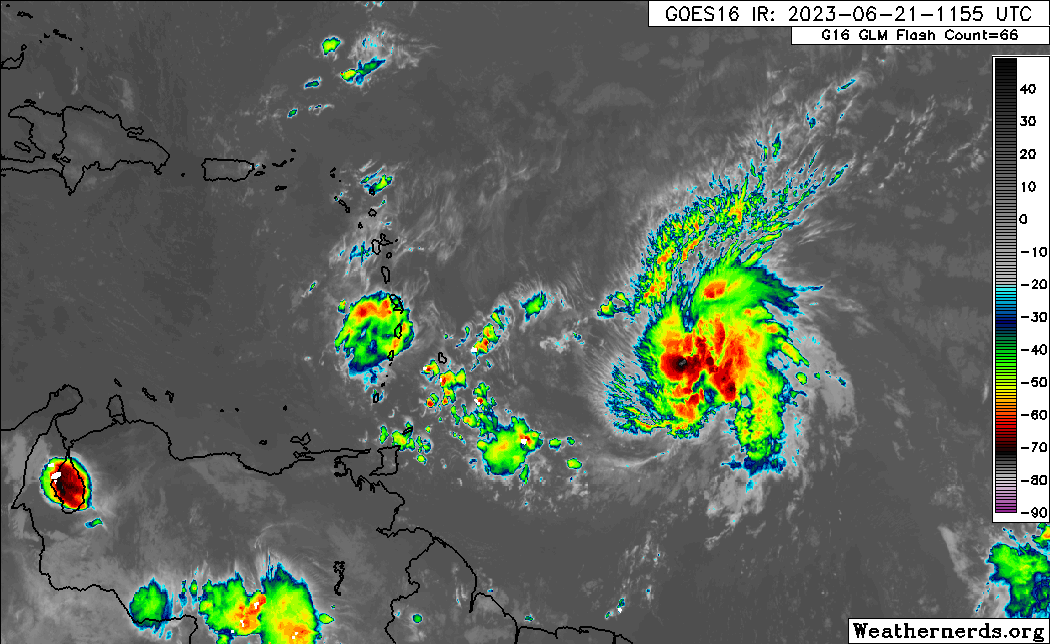 Tropical Storm Bret east of the Lesser Antilles on Wednesday, June 21st, 2023 (Weathernerds.org)