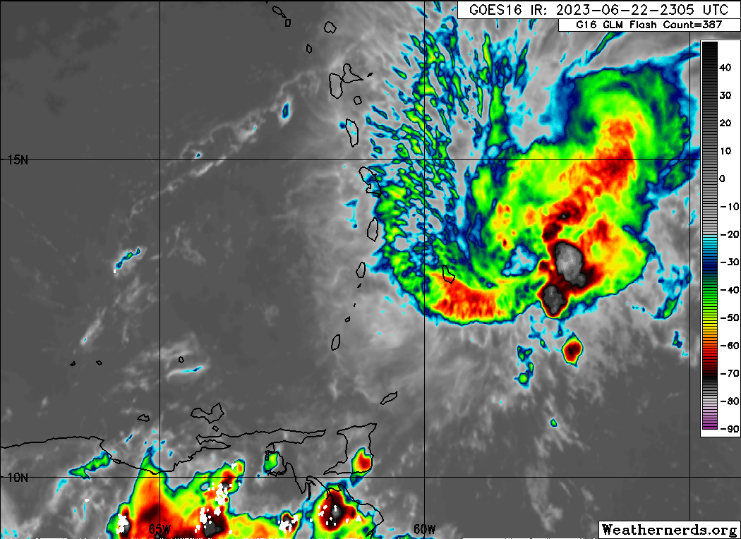 Tropical Storm Bret east of the Lesser Antilles on Thursday night, June 22nd, 2023 (Weathernerds.org)