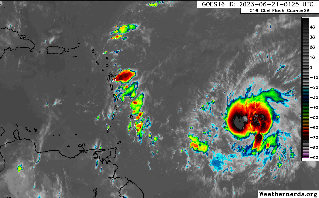Tropical Storm Bret east of the Lesser Antilles early Wednesday, June 21st, 2023 (Weathernerds.org)