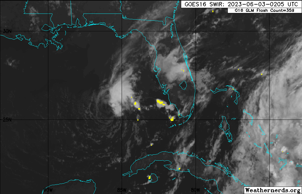 Isolated showers and thunderstorms associated with Tropical Storm Arlene west of Florida on Saturday, June 3rd, 2023.. (Weathernerds.org)