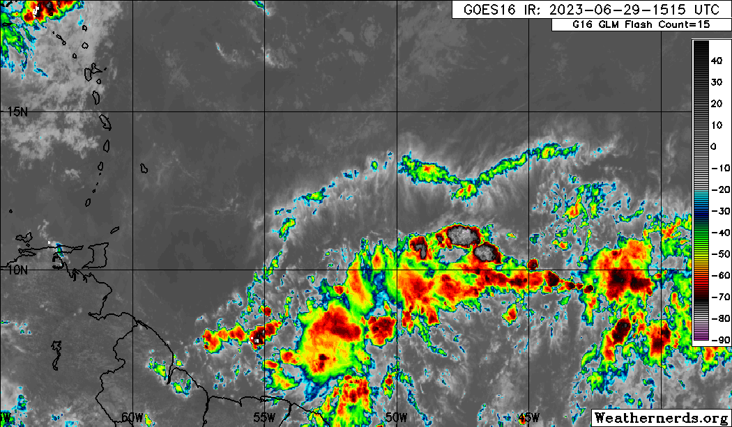 The axis of Tropical Wave 18 along 50-52W on Thursday, June 29th, 2023, with scattered moderate to isolated strong convection between 6N and 12N, between 55W and 40W, mainly associated with the Intertropical Convergence Zone, east of Trinidad and Tobago. (Weathernerds.org)