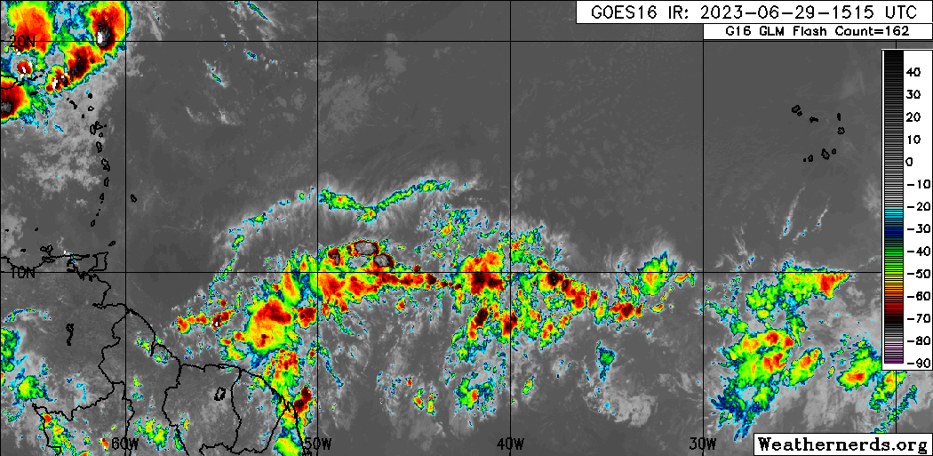 The axis of Tropical Wave 19 along 24W on Thursday, June 29th, 2023, with widely scattered weak convection between 2N and 15N, between 19W and 28W, mainly associated with the Intertropical Convergence Zone, east of Trinidad and Tobago. (Weathernerds.org)