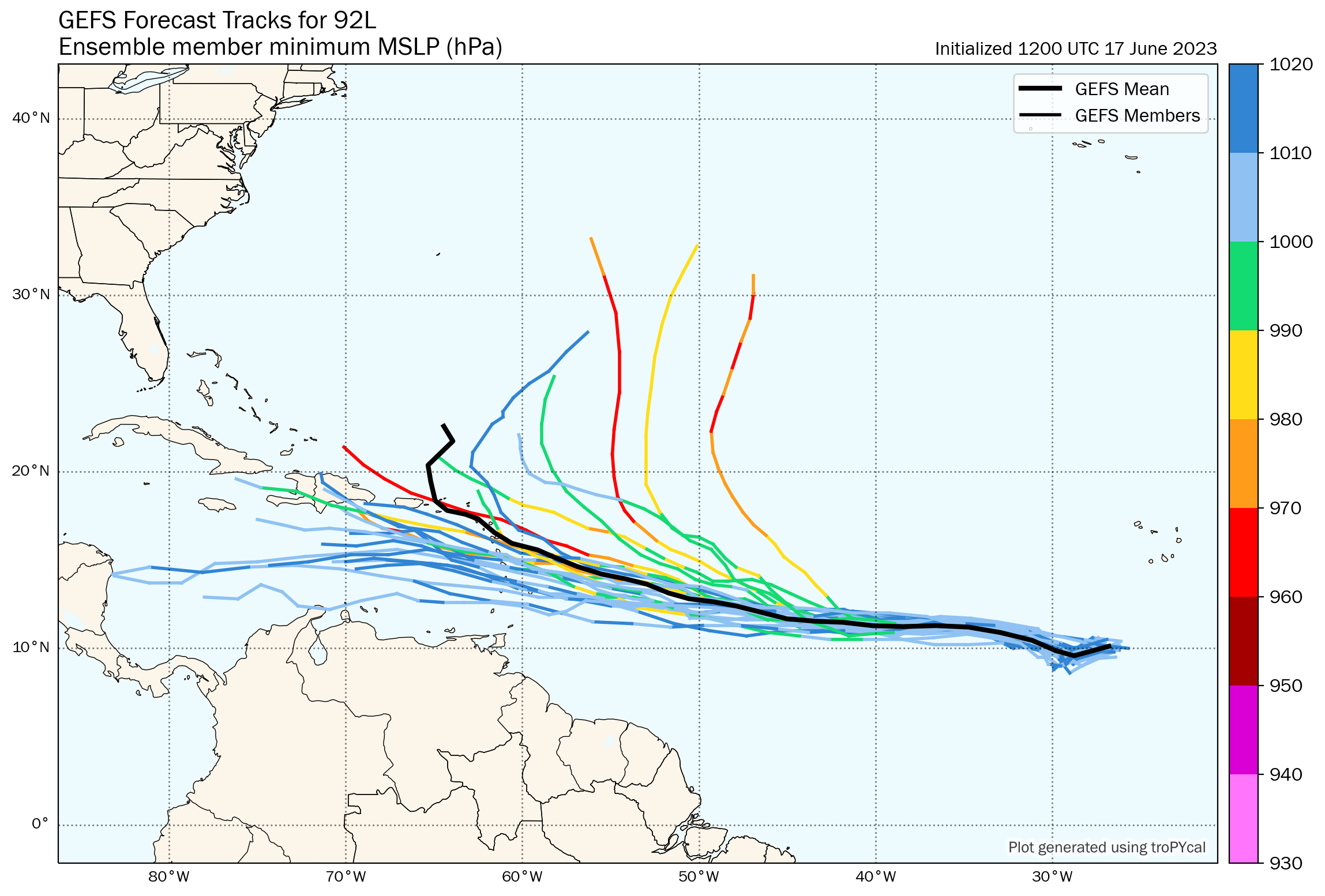 GEFS (ensemble) guidance on Invest 92L, showing weaker systems tracking into the Lesser Antilles while stronger systems tracking across the Leewards/out to sea. (Tomer Burg)