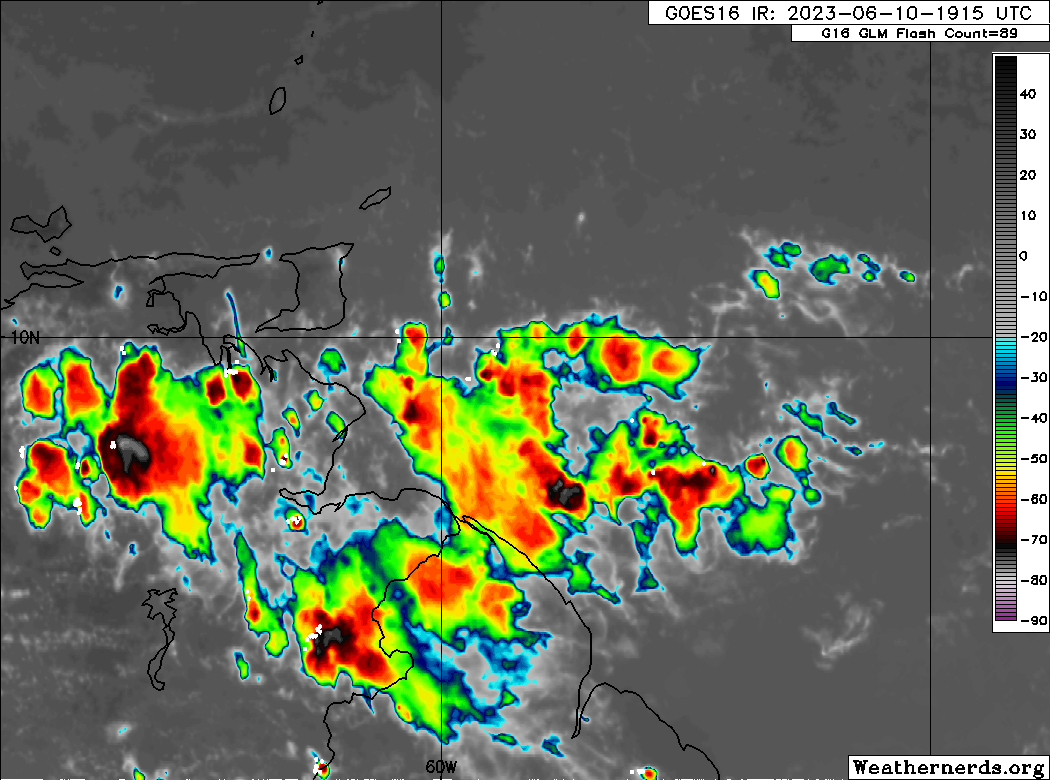 Cloudiness, showers, and thunderstorms associated with a fast-moving low-level trough approaching Trinidad and Tobago, with the trough axis located along 55W, east of Trinidad and Tobago. (Weathernerds.org)