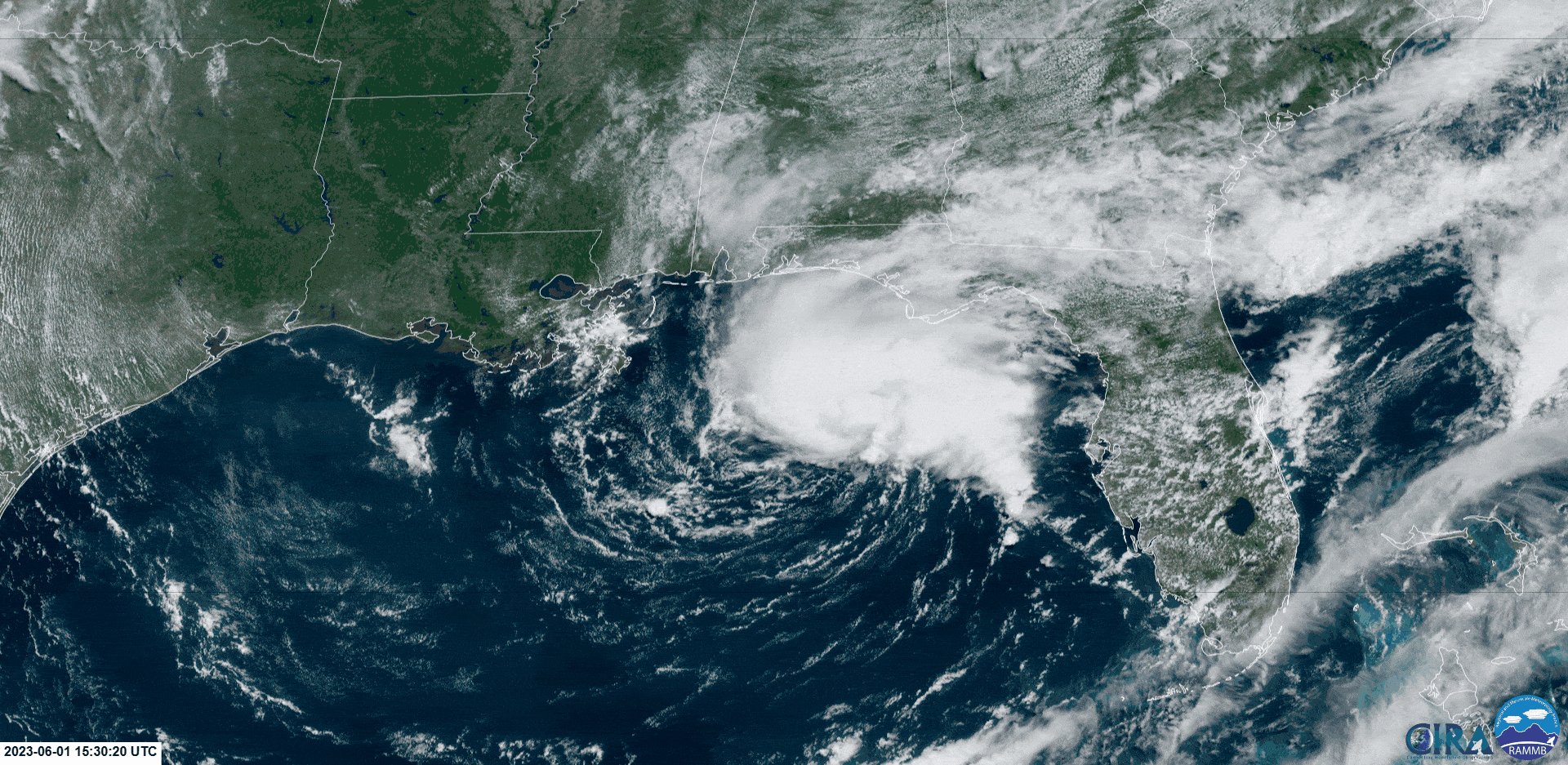 Tropical Depression Two, meandering off the Florida Panhandle on Thursday, June 1st, 2023 (CIMSS/RAMMB)