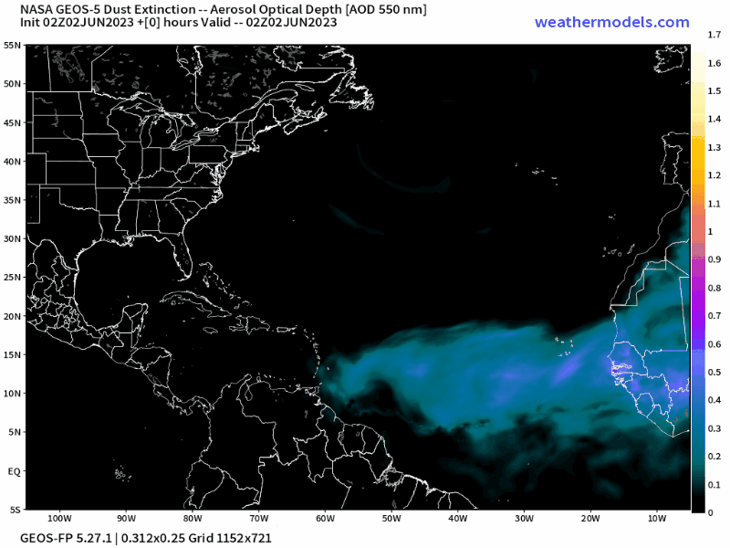 00Z Friday, June 3rd, 2023, NASA GEOS-5 Dust Extinction Model Monitoring Tropical Atlantic Aerosol Optical Depth showing Saharan Dust.