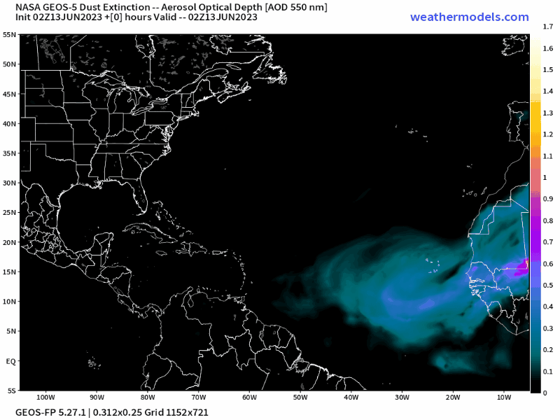 00Z Tuesday, June 13th, 2023, NASA GEOS-5 Dust Extinction Model Monitoring Tropical Atlantic Aerosol Optical Depth showing Saharan Dust.