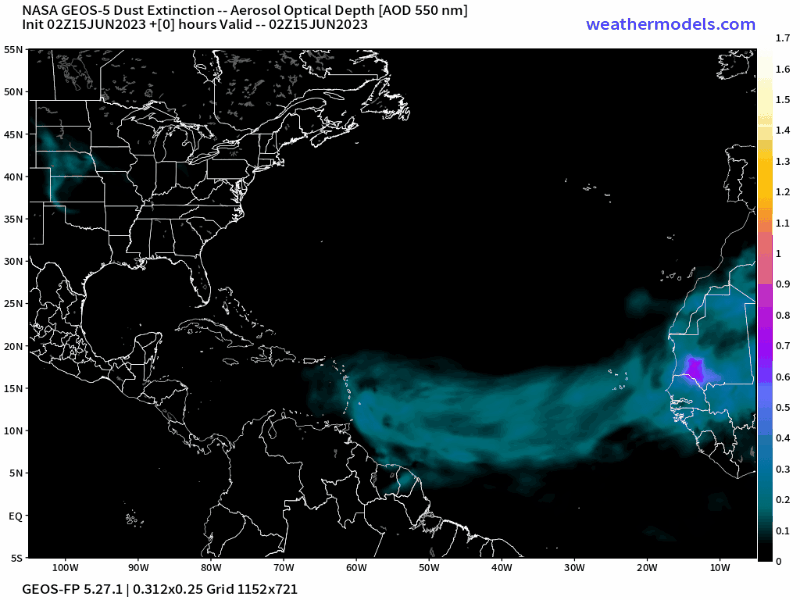 00Z Thursday, June 15th, 2023, NASA GEOS-5 Dust Extinction Model Monitoring Tropical Atlantic Aerosol Optical Depth showing Saharan Dust.