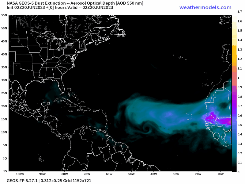 00Z Tuesday, June 20th, 2023, NASA GEOS-5 Dust Extinction Model Monitoring Tropical Atlantic Aerosol Optical Depth showing Saharan Dust.