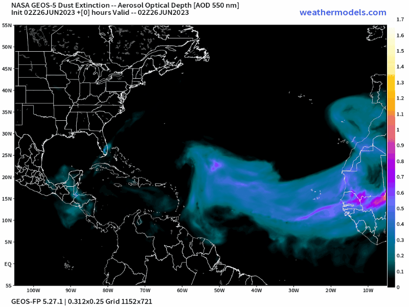 00Z Monday, June 26th, 2023, NASA GEOS-5 Dust Extinction Model Monitoring Tropical Atlantic Aerosol Optical Depth showing Saharan Dust.