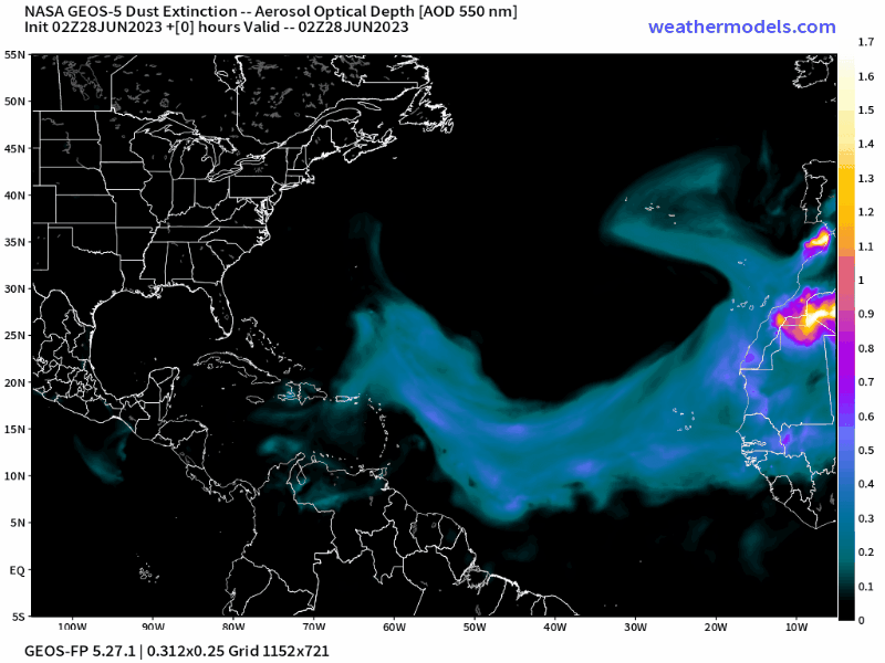 00Z Wednesday, June 28th, 2023, NASA GEOS-5 Dust Extinction Model Monitoring Tropical Atlantic Aerosol Optical Depth showing Saharan Dust.